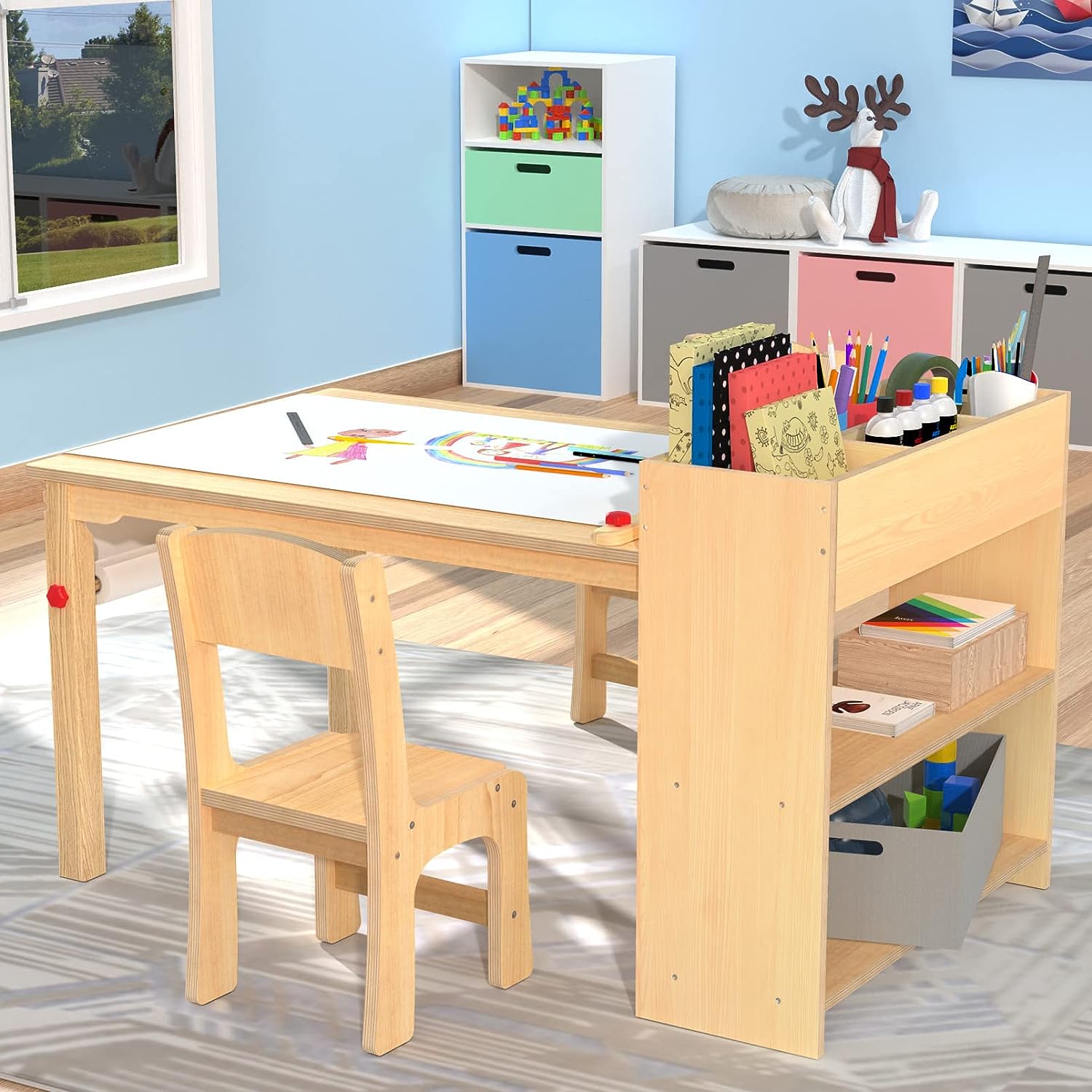 GDLF Kids Art Table and 2 Chairs. Wooden Drawing Desk. Activity & Crafts. Children-s Furniture. 42×23