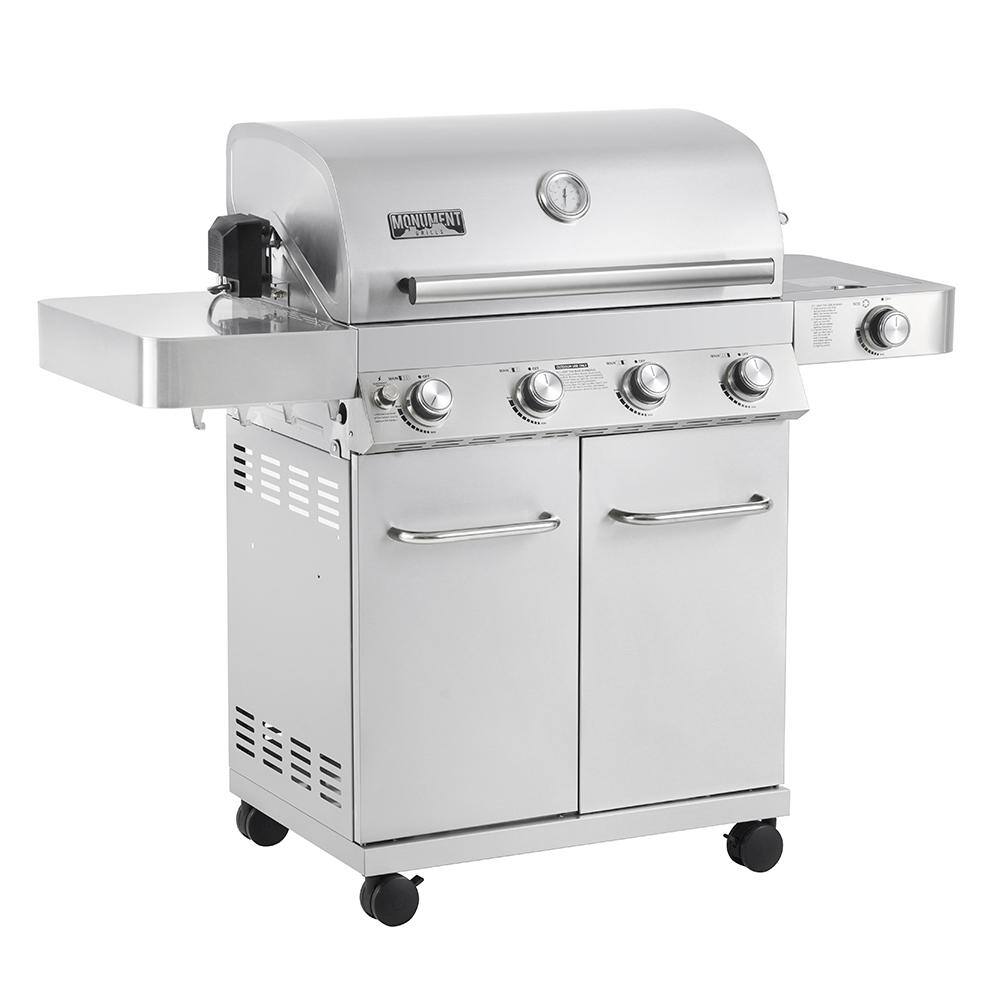 Monument Grills 17842 4-Burner Propane Gas Grill in Stainless with LED Controls. Side Burner and Rotisserie Kit