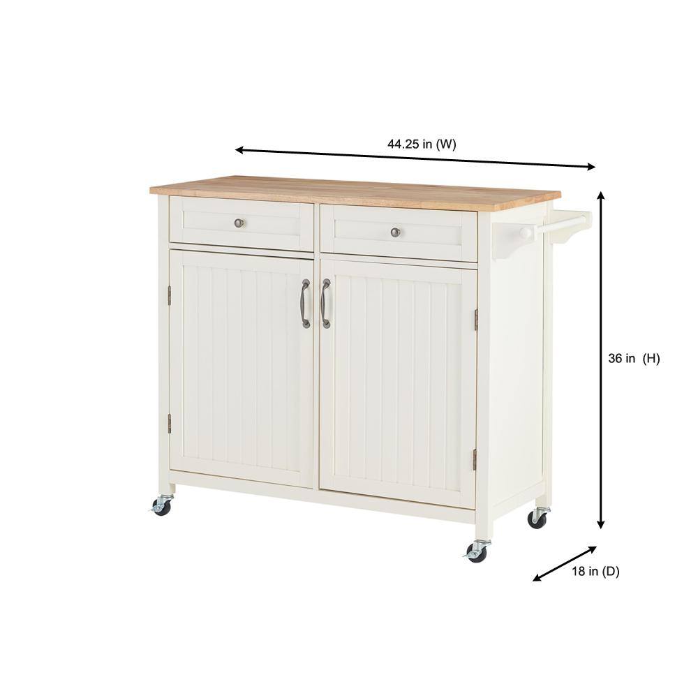 StyleWell  Bainport Ivory with Butcher Block Top Wooden Rolling Kitchen Cart and Double-Drawer Storage (44″ W)