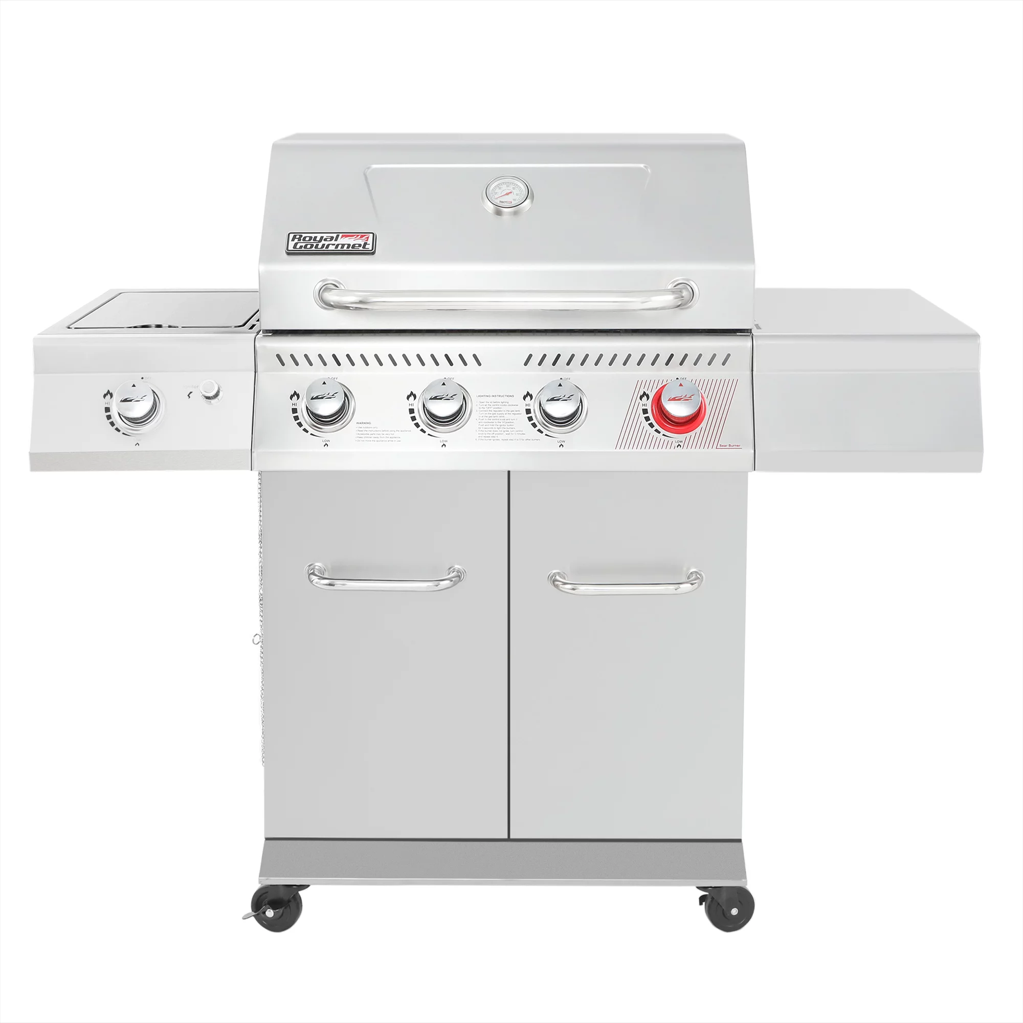 Royal Gourmet GA4402S Stainless Steel 4-Burner BBQ Cabinet Style Gas Grill with Sear Burner and Side Burner Silver