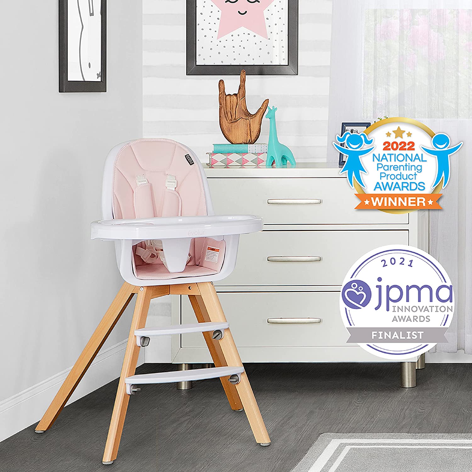 Evolur Zoodle 3-in-1 High Chair I Booster Feeding Chair I Modern Design I Toddler Chair I Removable Cushion I Adjustable Tray I Baby and Toddler. Pink