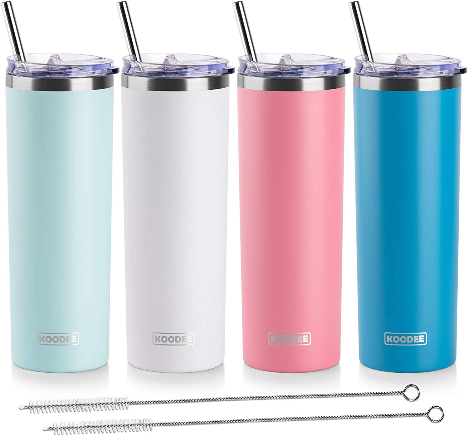 koodee 20 oz Stainless Steel Skinny Tumblers (4 Pack) Double Wall Insulated Water Tumbler Cup with Straw. Lids and Straw Brushes (Baby blue/White/Pink/Sky Blue)
