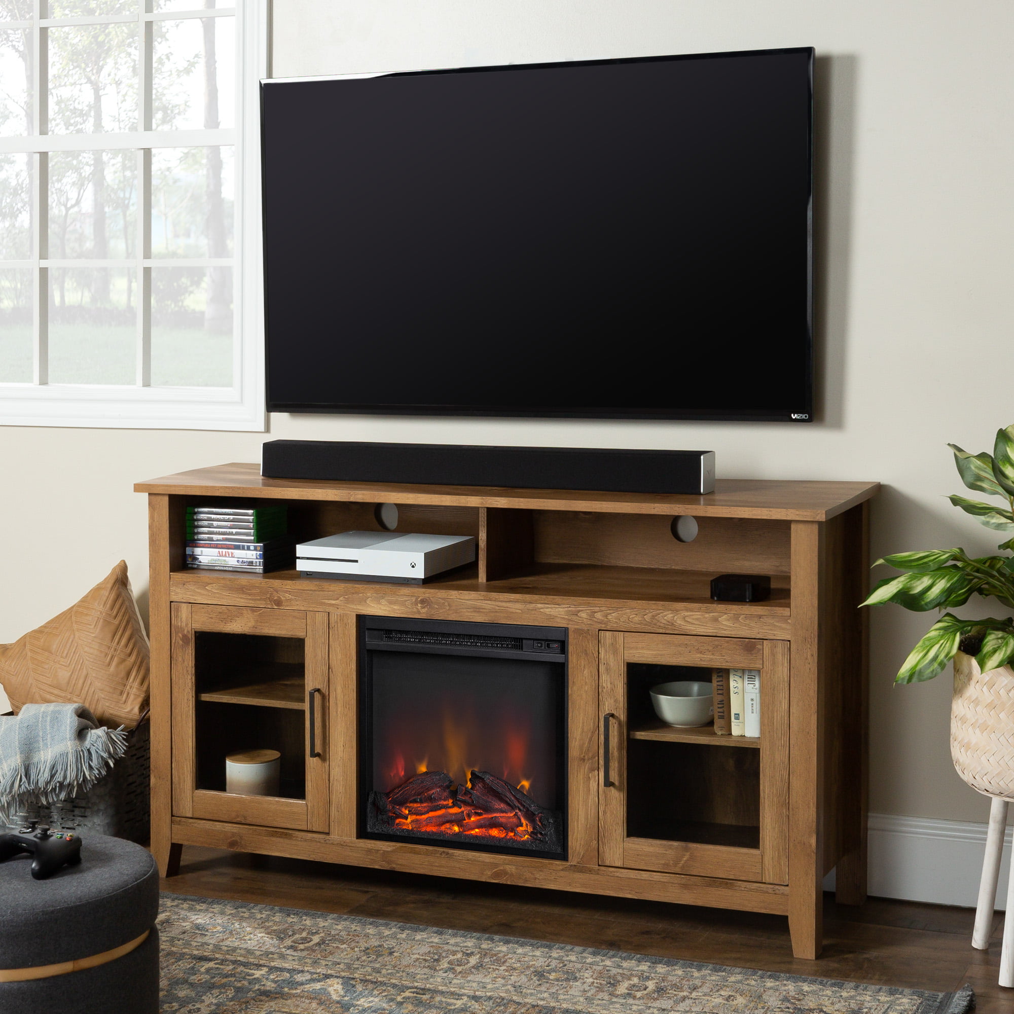Woven Paths Highboy 2 Door Electric Fireplace TV Stand for TVs up to 65″. Barnwood