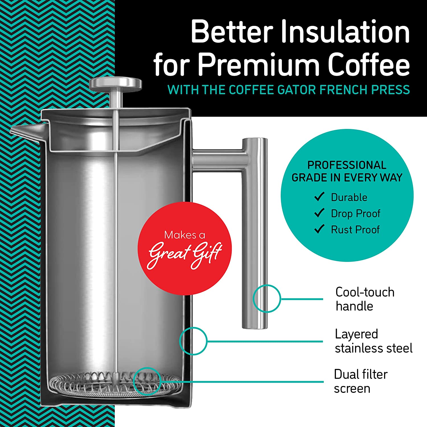 Coffee Gator French Press Coffee Maker- Insulated. Stainless Steel Manual Coffee Makers For Home. Camping w/ Travel Canister- Presses 4 Cup Serving- Large. Gray (34 fl oz)