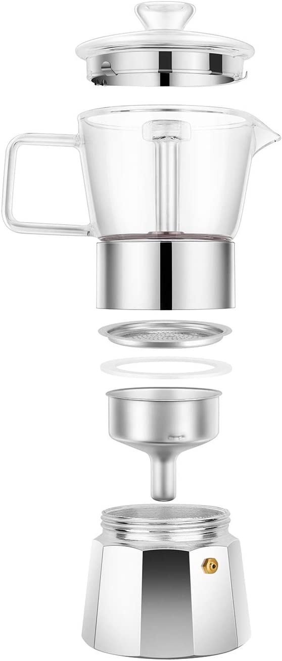 GEESTA Moka Pot Premium Crystal Glass Top Stovetop Espresso Moka Pot 6 cup Coffee Maker. 240ml 8.5oz 6 cup (espresso cup 40ml) Coffee Lover Gifts Ideas