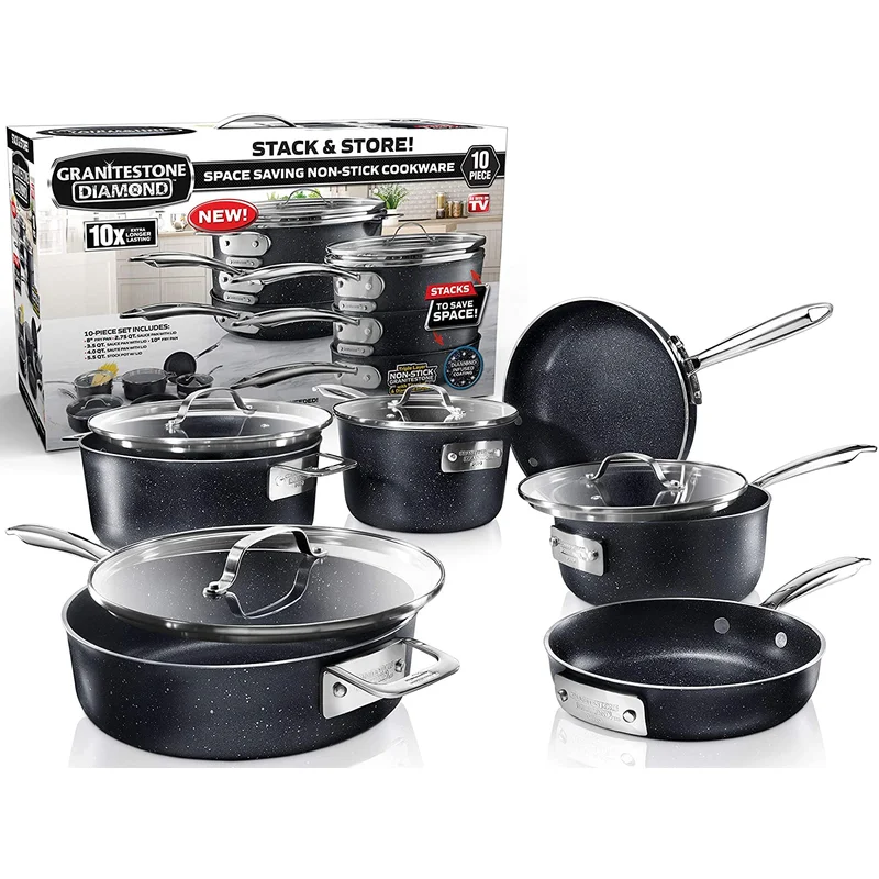 Granitestone Original Stack Master 10 Piece Cookware Set. Triple Layer Nonstick Granite Stone with Diamond infused Coating. Dishwasher Oven Safe. Non-Toxic Pots and Pans. Large. Black