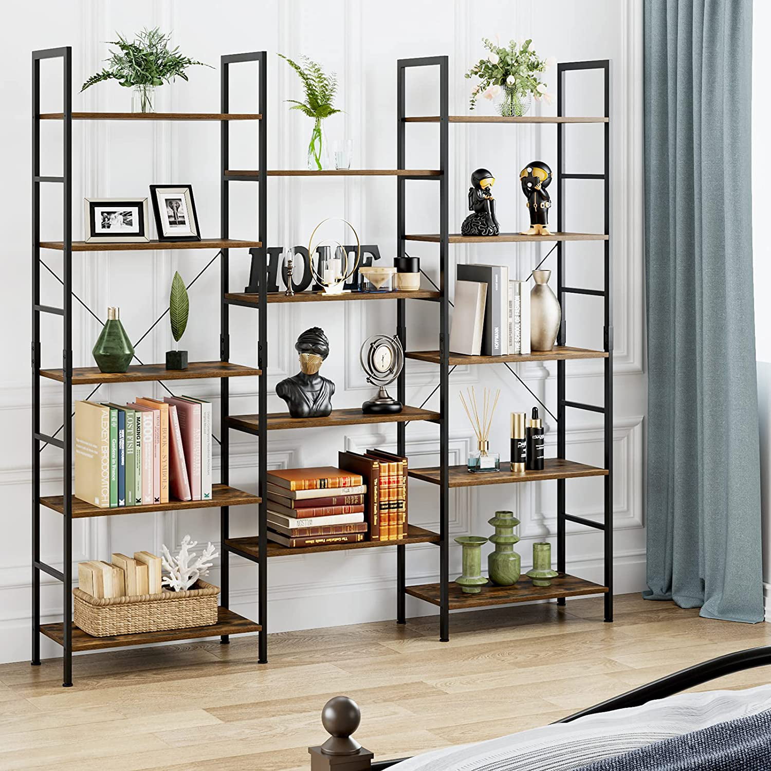 Homfa Triple Wide 5-Tier Display Bookcase. Large Industrial Wood Storage Shelf with Metal Frame for Living Room. Brown Finish