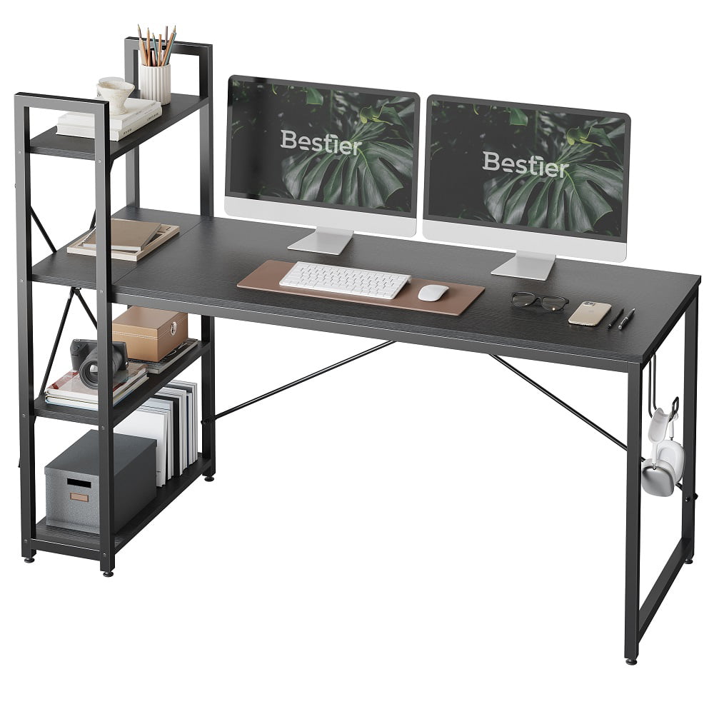 Bestier 63 inch Computer Desk with Storage Shelves. Modern Bookshelf Desk with Headphone Hook Black
