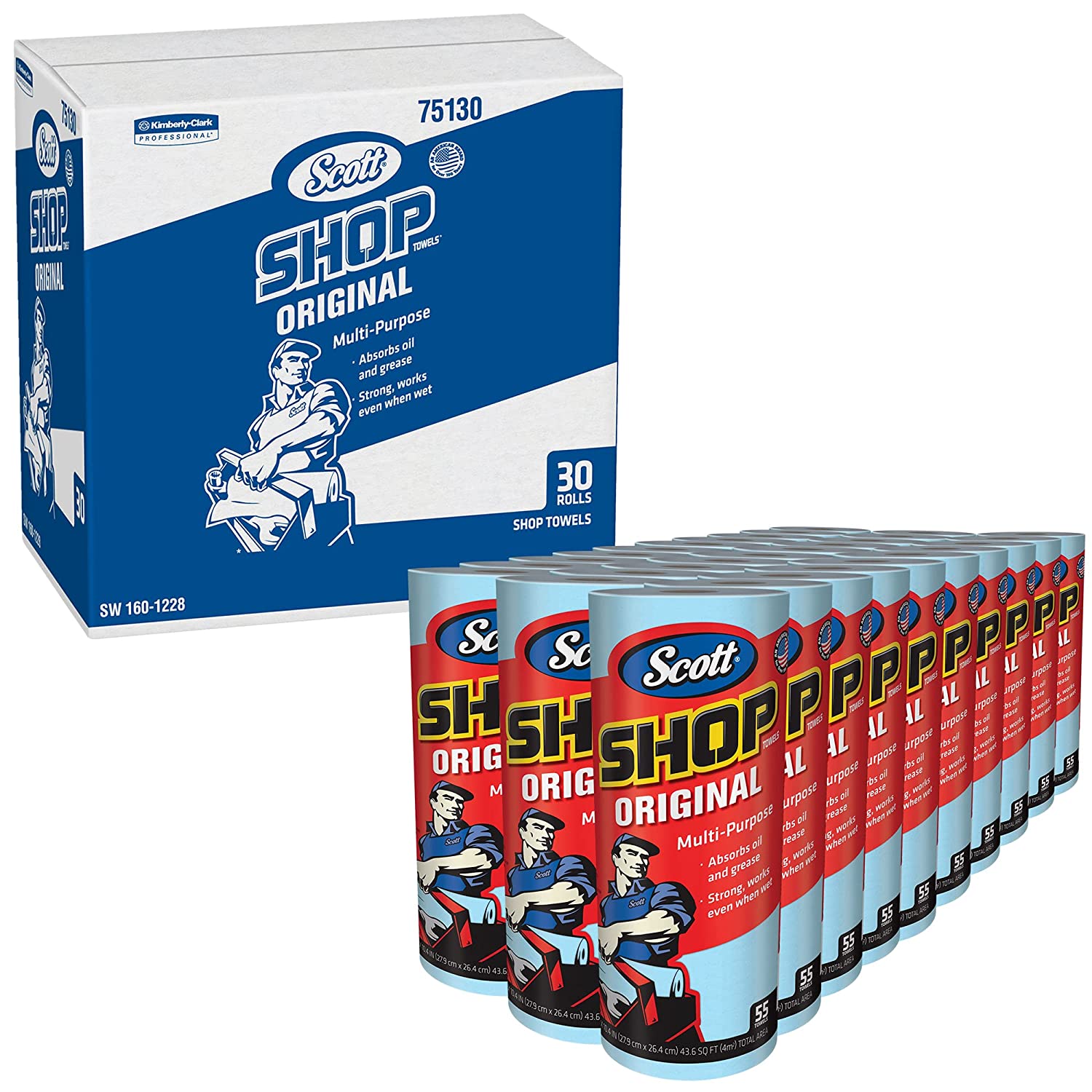Scott Shop Towels Original (75130). Blue Shop Towels. 1 Roll/Pack. 30 Packs/Case