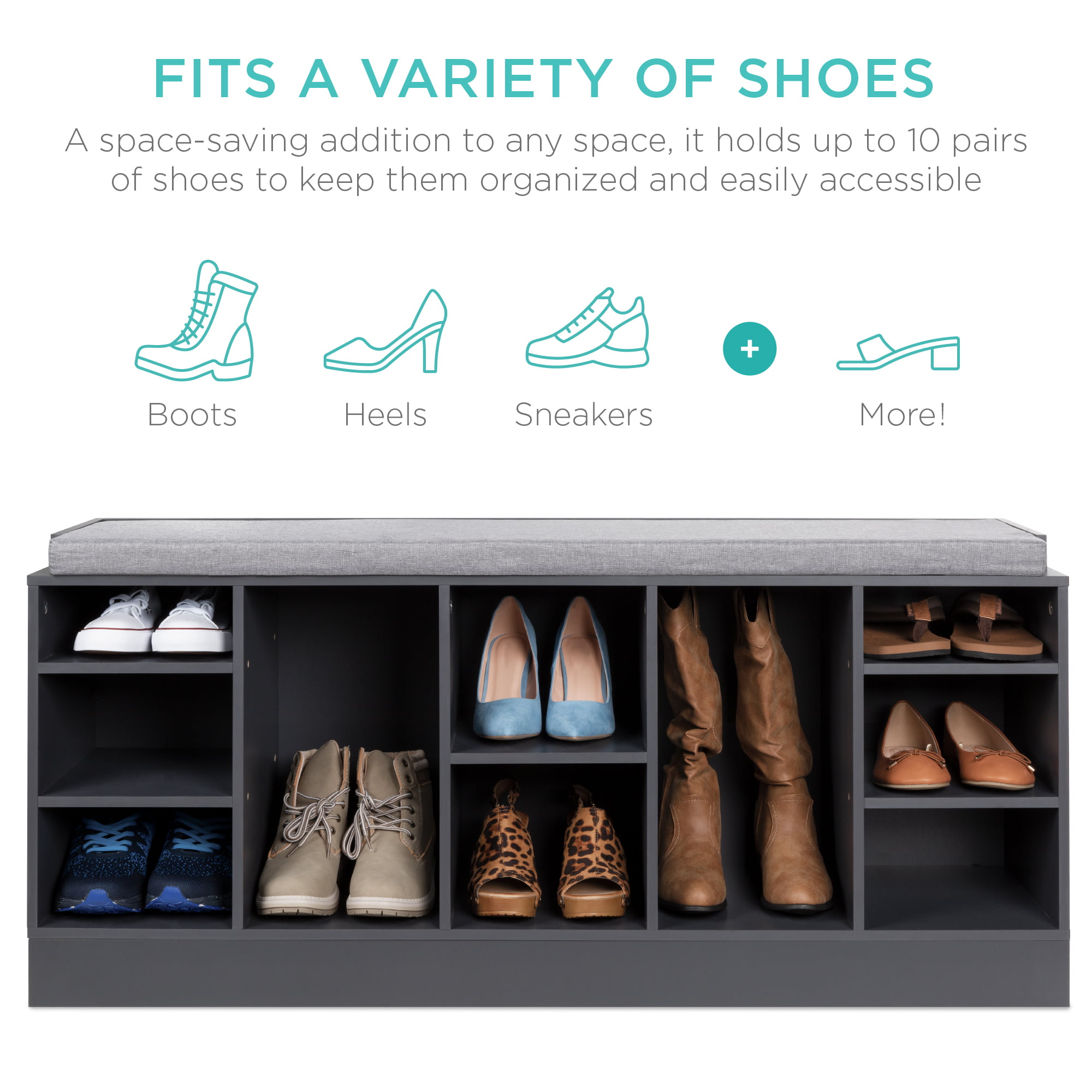 Best Choice Products 46in Shoe Storage Organization Rack Bench for Entryway. Bedroom w/ Padded Seat. 10 Cubbies - Gray