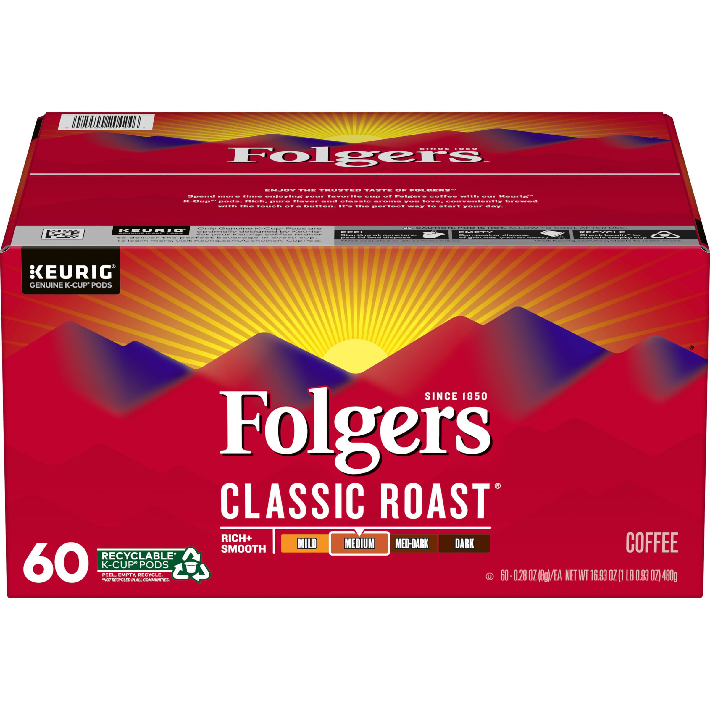 Folgers Classic Roast K-Cup Pods. Medium Roast Coffee. 60 Count