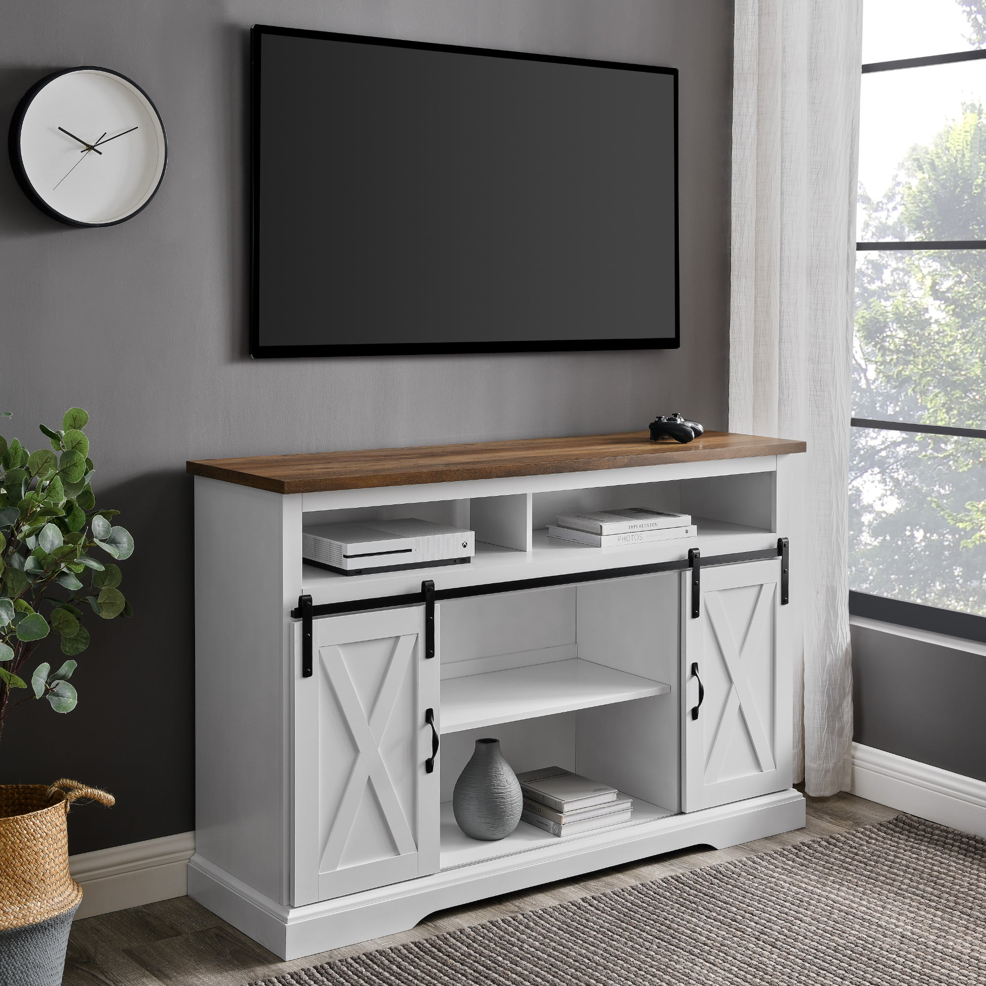 Woven Paths Farmhouse Barn Door TV Stand for TVs up to 58″. White