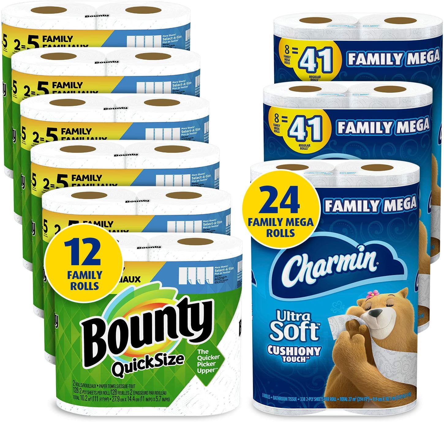 Charmin Ultra Soft Cushiony Touch Toilet Paper. 24 Family Mega Rolls and Bounty Quick-Size Paper Towels.12 Family Rolls. Bundle