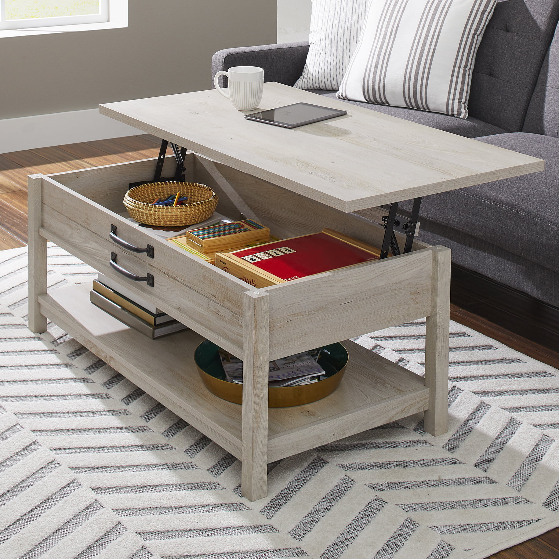 Better Homes & Gardens Modern Farmhouse Rectangle Lift Top Coffee Table. Rustic White finish