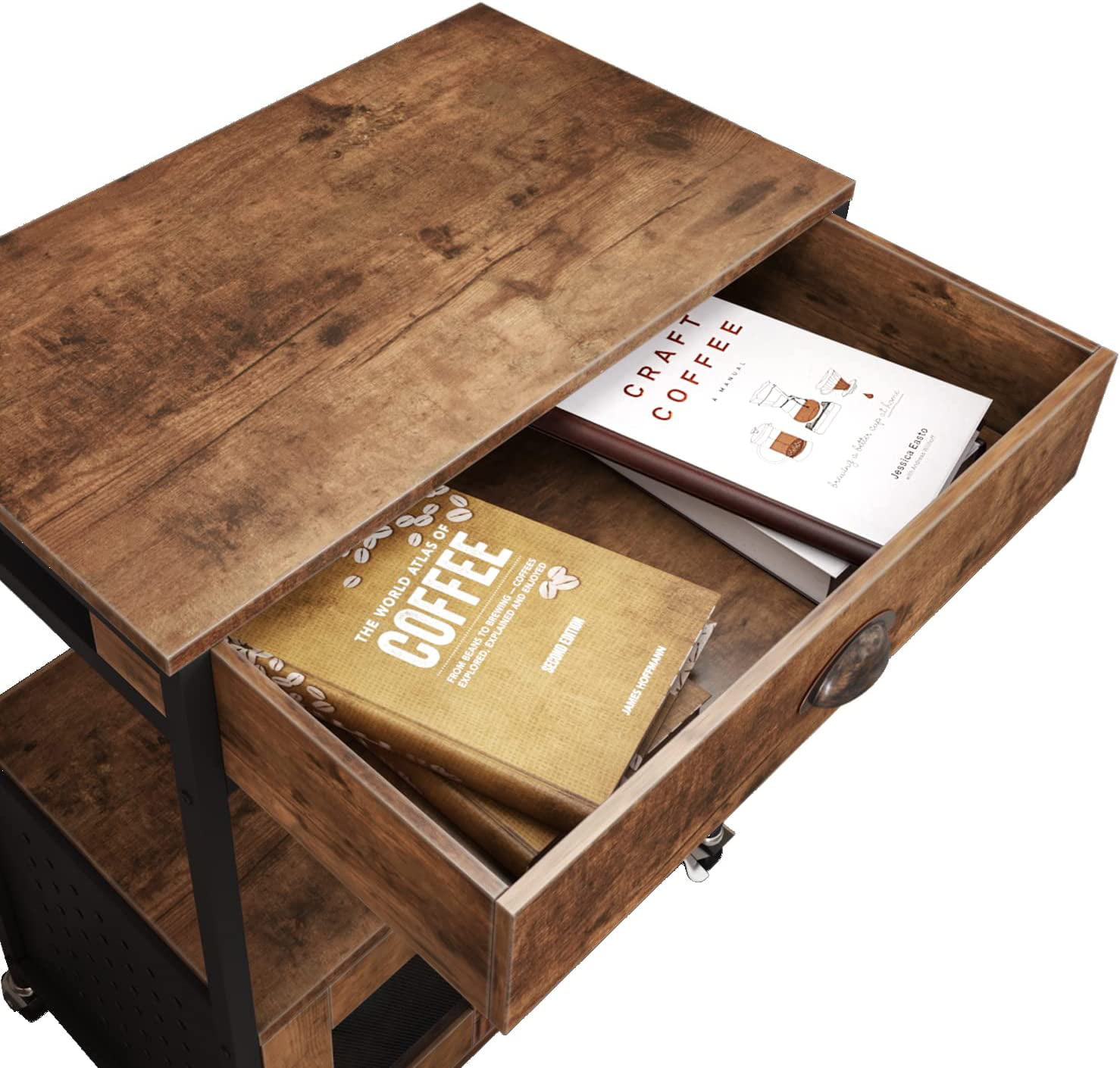 Kitchen Bakers Rack. Industrial Microwave Oven Stand with Shelf. Coffee Bar Cart Kitchen Island on Wheels with Storage. Rustic Brown