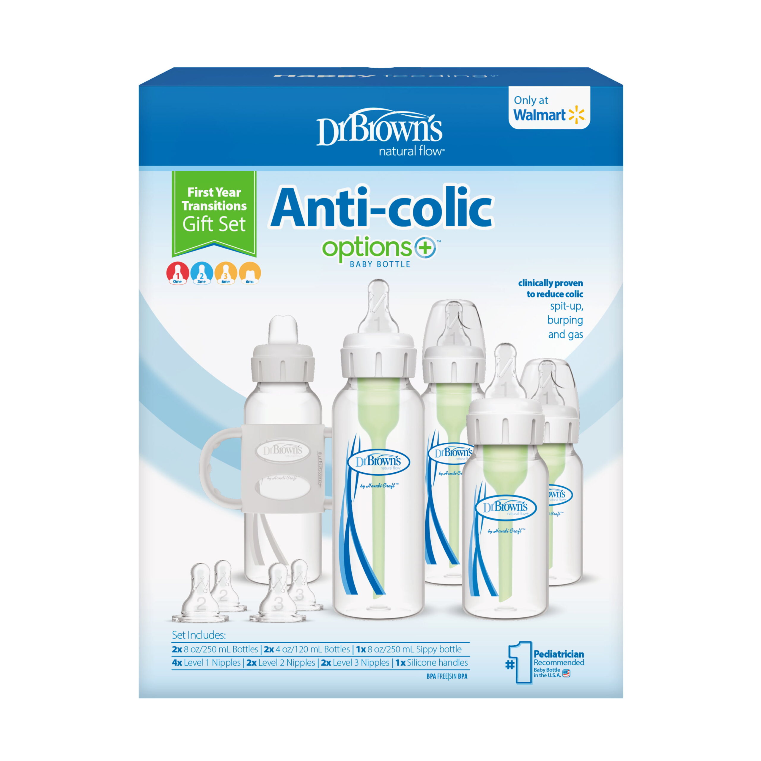 Dr. Brown-s Options+ Anti-Colic First Year Gift Set. 8oz and 4 oz Baby & Sippy Bottles with Silicone Handle and Level 2 & 3 Nipples