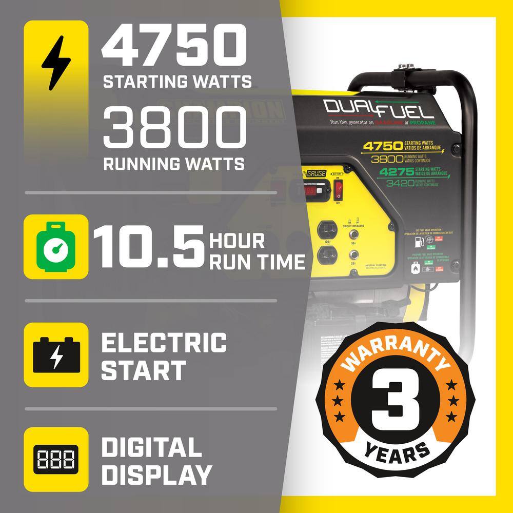 Champion Power Equipment 76533 3800-Watt/4750-Watt Electric Start Gas and Propane Powered Dual Fuel Portable Generator