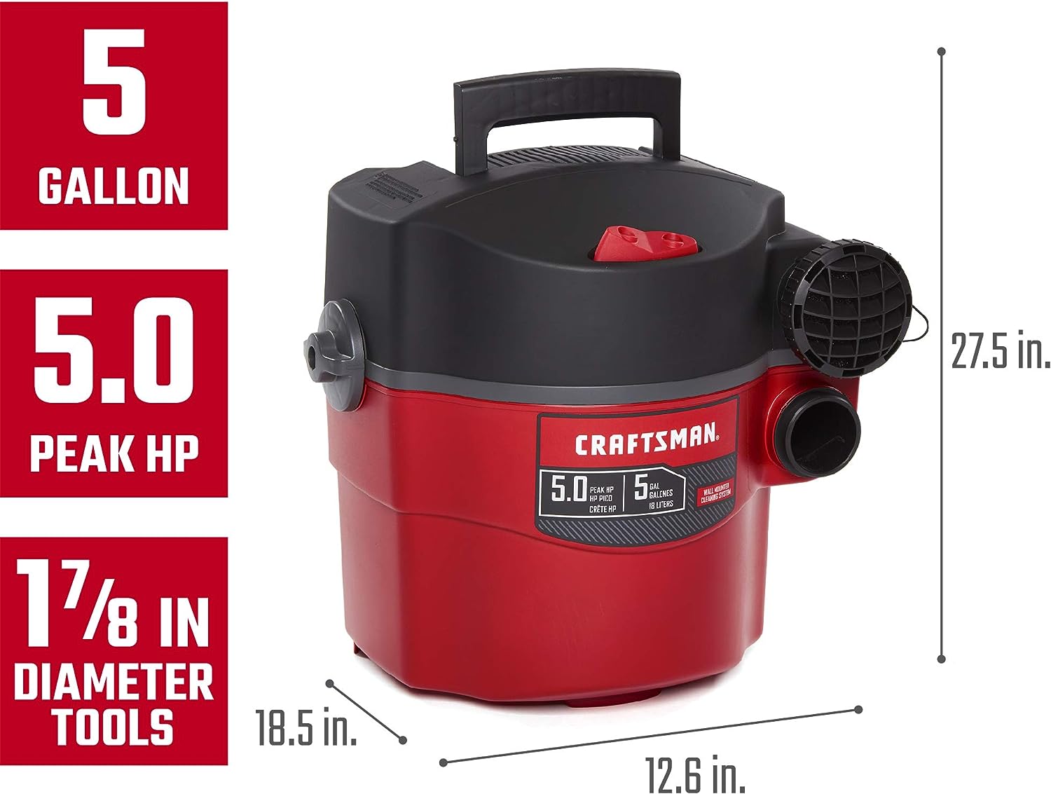 CRAFTSMAN CMXEVBE17925 5 Gallon 5.0 Peak HP Wet/Dry Wall Vac. Wall-Mounted Shop Vacuum with Attachments.Red