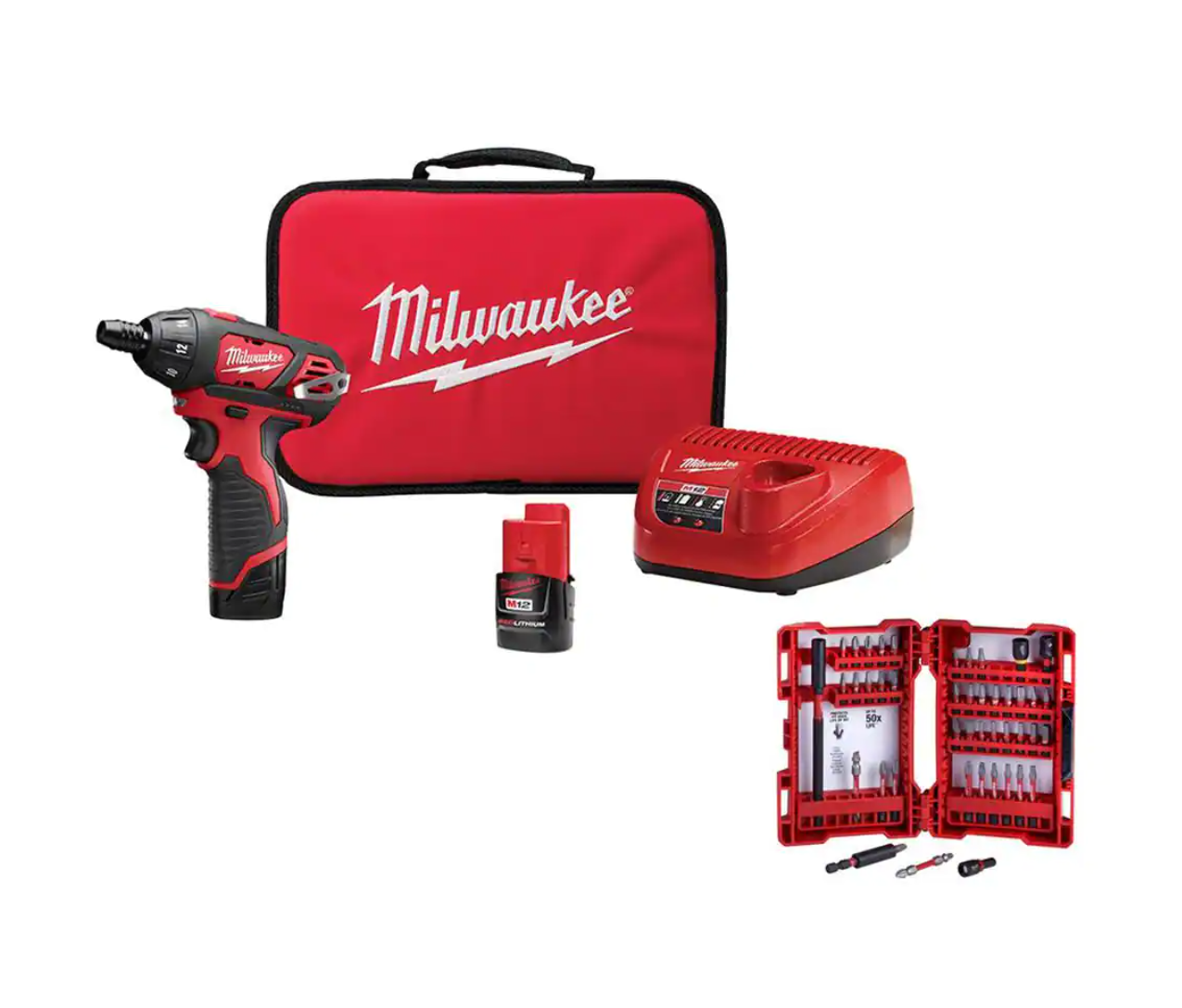 Milwaukee 2401-22-48-32-4023 M12 12-Volt Lithium-Ion Cordless 1/4 in. Hex Screwdriver Kit with SHOCKWAVE Driver Bit Set (45-Piece)