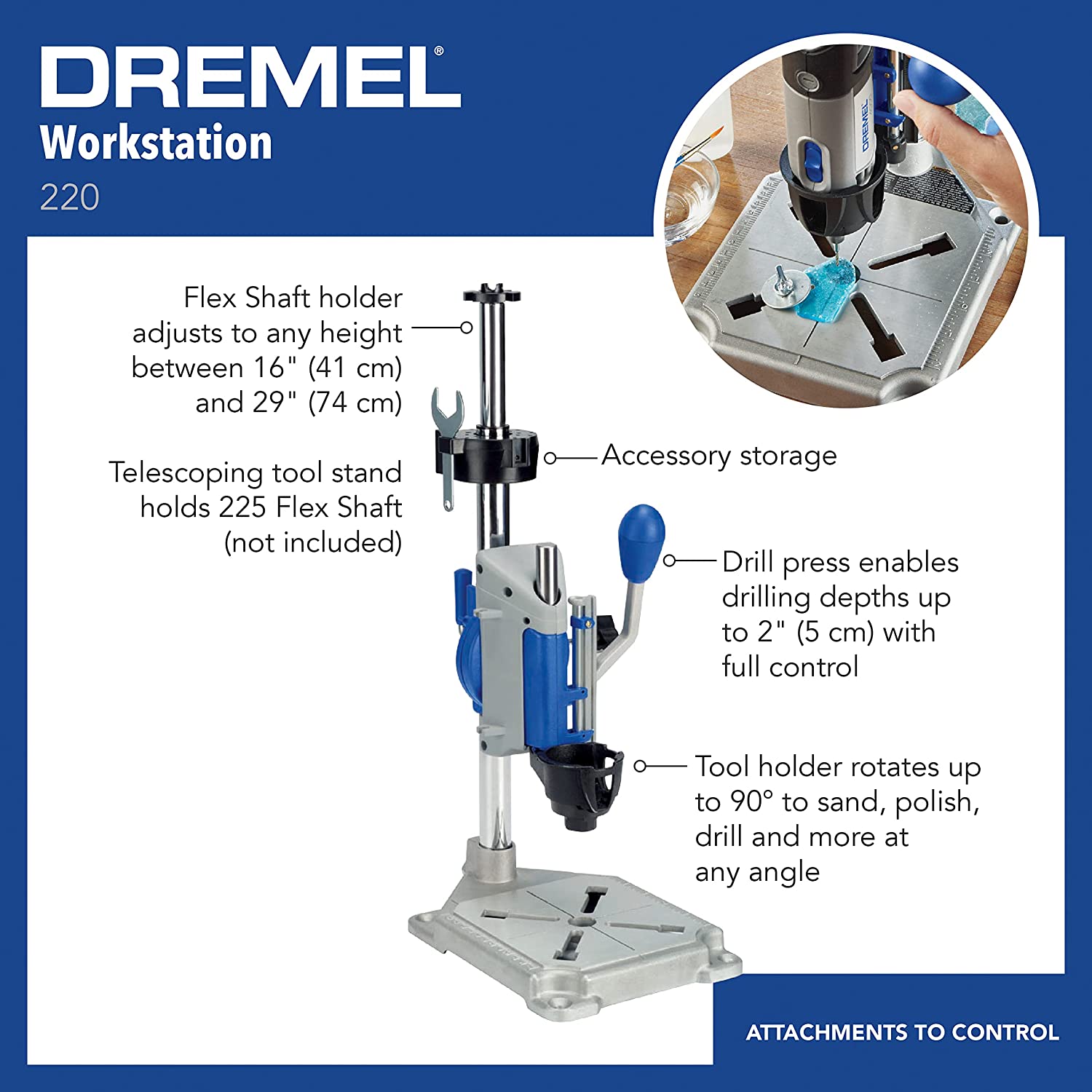 Dremel Drill Press Rotary Tool Workstation Stand with Wrench- 220-01- Mini Portable Drill Press- Tool Holder- 2 Inch Drill Depth- Ideal for Drilling Perpendicular and Angled Holes- Table Top Drill . Silver