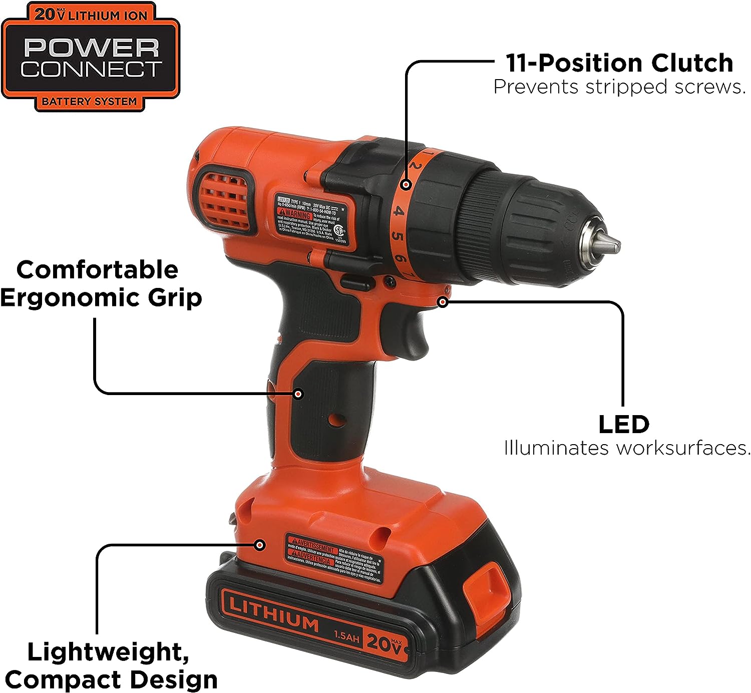 BLACK+DECKER 20V MAX Cordless Drill and Driver. 3/8 Inch. With LED Work Light. Battery and Charger Included (LDX120C)