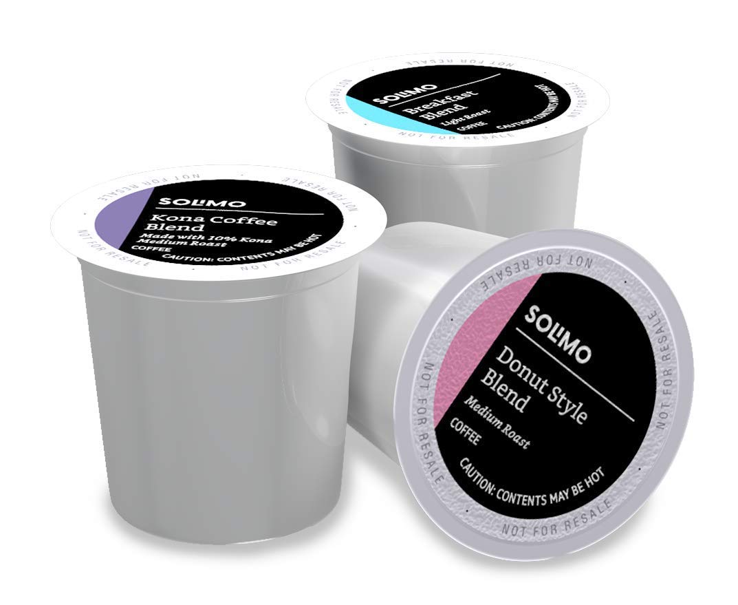 Solimo Light and Medium Roast Variety Pack Coffee Pods (Kona. Breakfast. Donut). Compatible with Keurig 2.0 K-Cup Brewers 100 Ct.