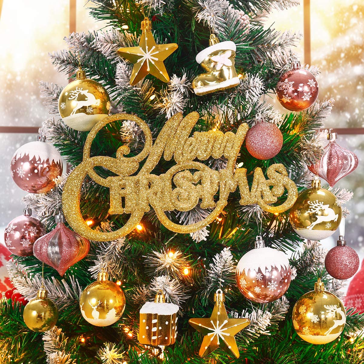 90Ct Christmas Tree Ornaments Assortment with Shatterproof Christmas Balls Snowflakes Hat Star Gift Box Mitten Merry Christmas for Christmas Tree Decorations(Rose Gold. Gold and Silver)