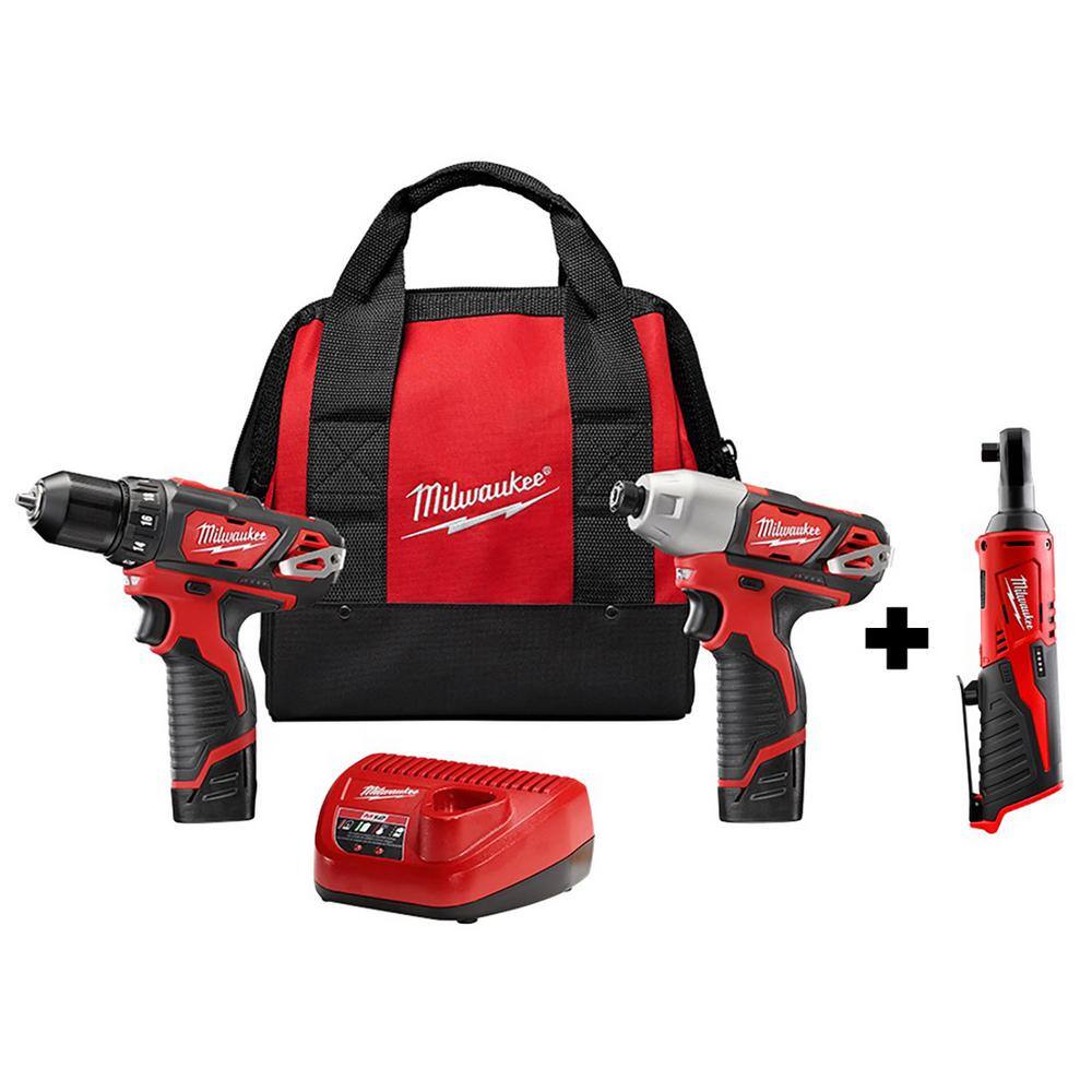 Milwaukee 2494-22-2457-20 M12 12V Lithium-Ion Cordless Drill Driver/Impact Driver/ Ratchet Combo Kit (3-Tool)