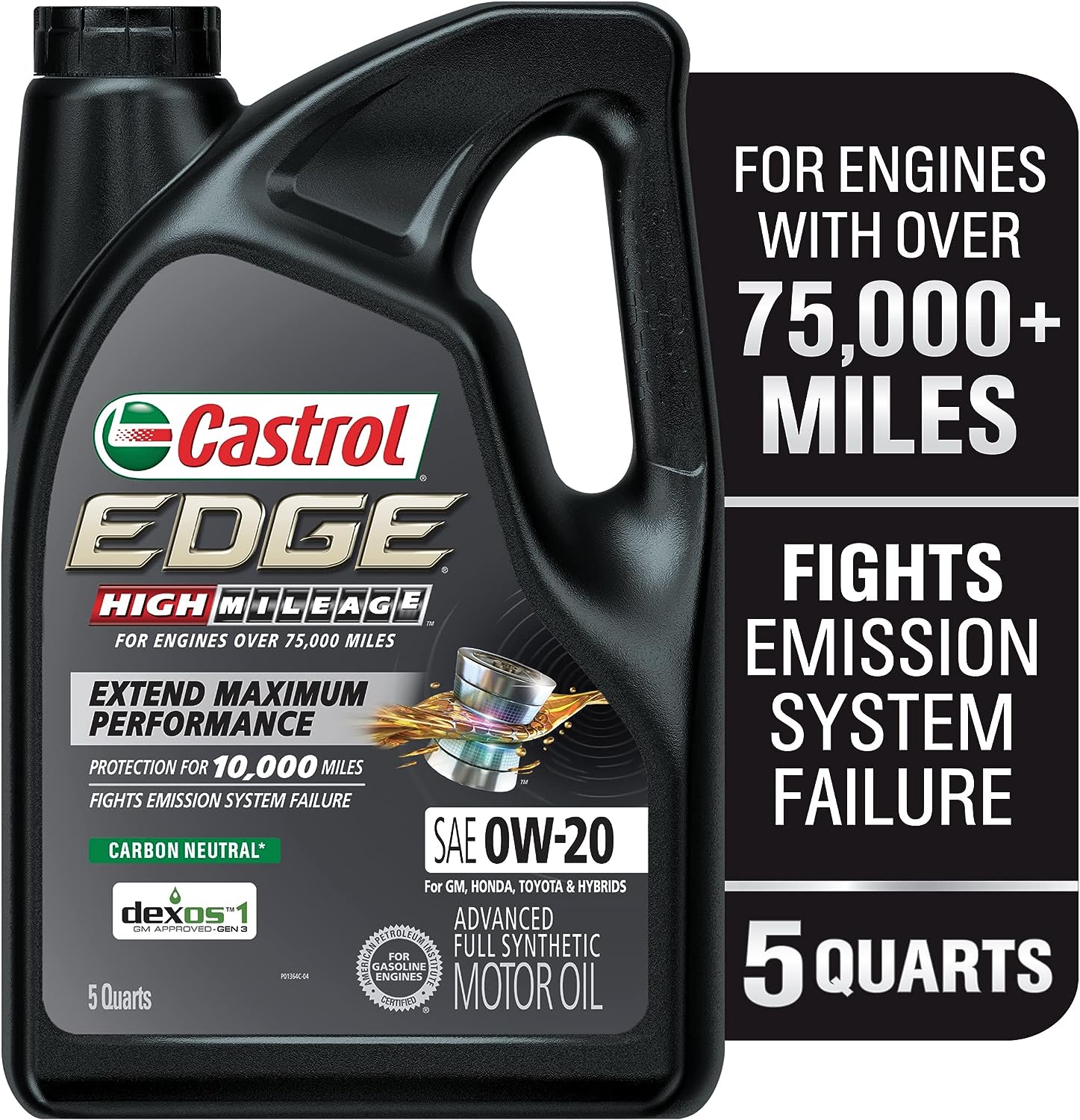 Castrol Edge High Mileage 0W-20 Advanced Full Synthetic Motor Oil. 5 Quarts. Pack of 3