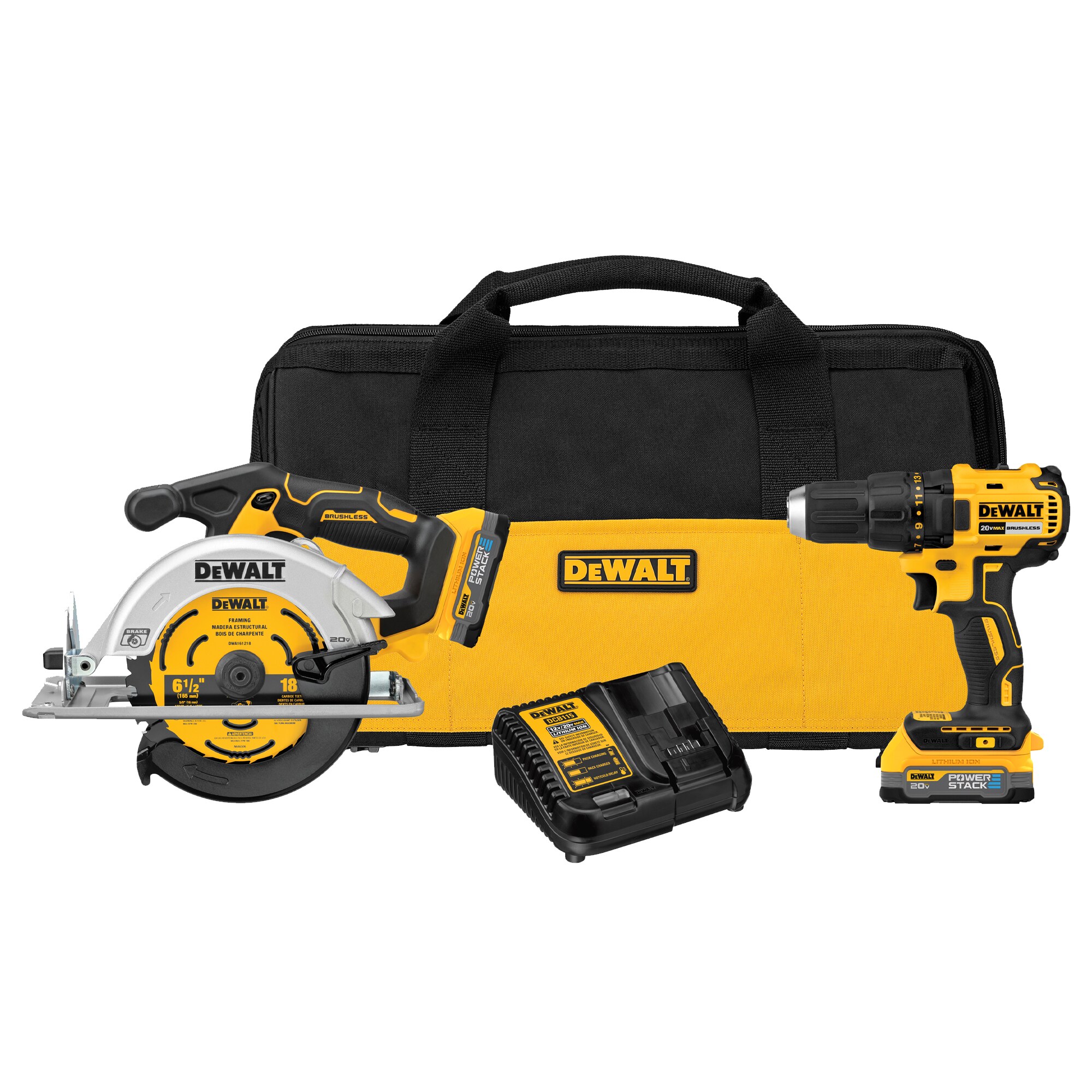 DEWALT DCK239E2 20V MAX Brushless Cordless Circular Saw and Drill Combo Kit with DEWALT POWERSTACK. Compact Batteries