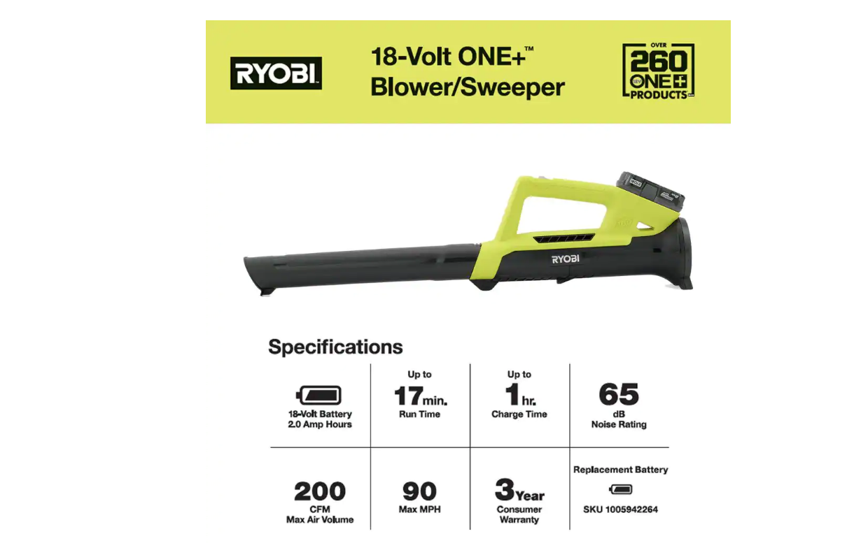 RYOBI P2190 ONE+ 18V 90 MPH 200 CFM Cordless Battery Leaf Blower/Sweeper with 2.0 Ah Battery and Charger