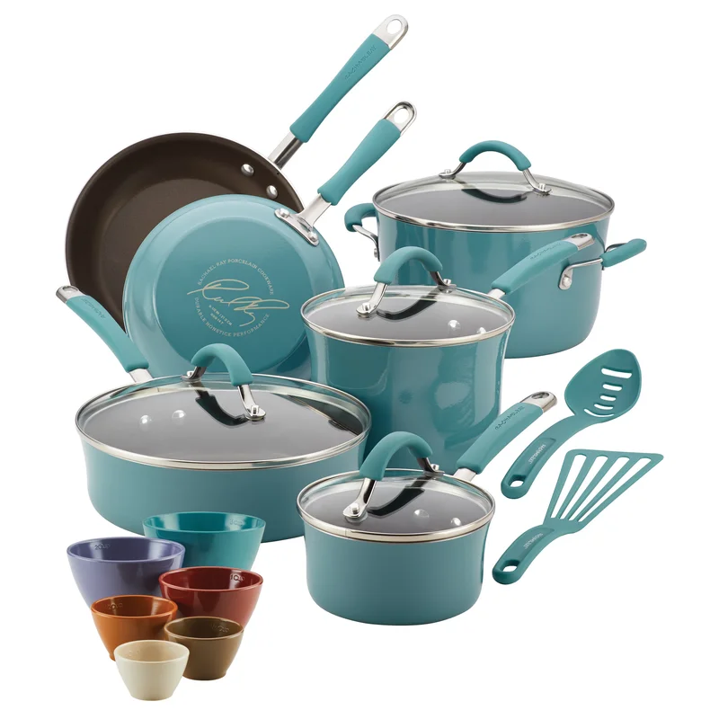 Rachael Ray Cucina Nonstick Cookware and Prep Bowl Set. 12-Piece - Agave Blue