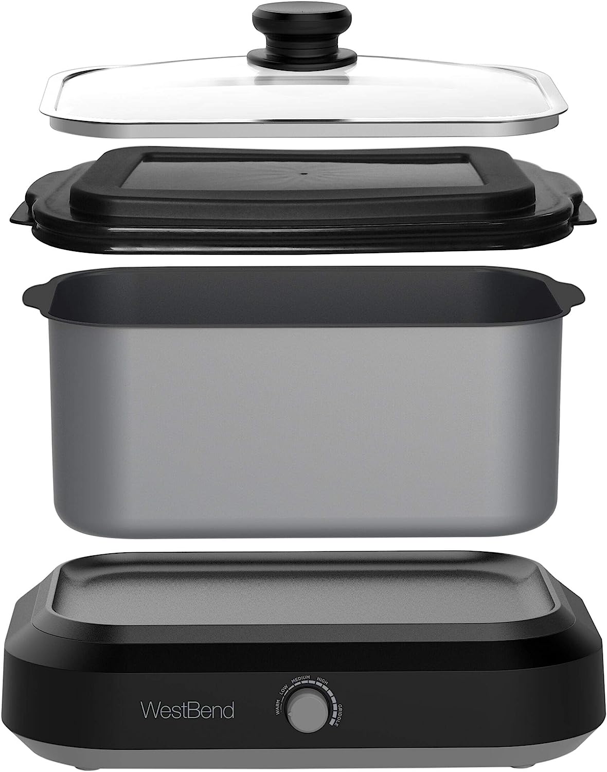 West Bend 87906 Slow Cooker. Large-Capacity Non-Stick Crockpot with Variable Temperature Control. Travel Lid and Thermal Carrying Case. 6 Qt. Silver