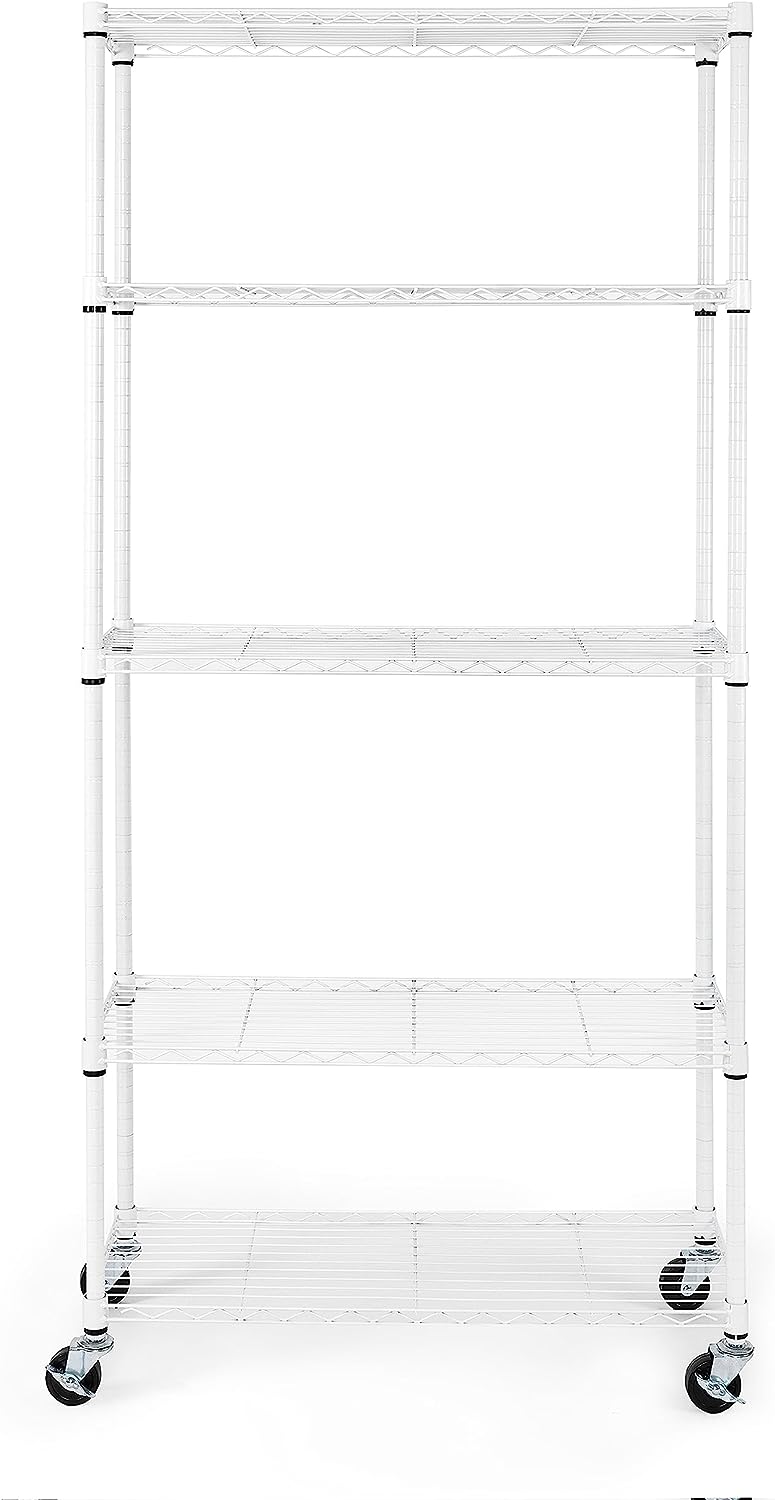 Seville Classics UltraDurable Heavy Duty NSF Solid Steel Wire Rack Storage Unit. Organizer for Garage. Warehouse. Office. Restaurant. Classroom. Kitchen. White. 5-Tier Shelving. 36″ W x 14″ D