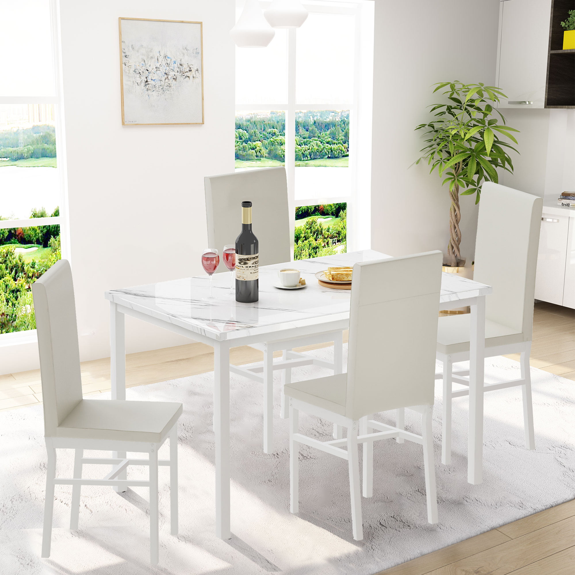 Syngar 5 Piece Dining Set. Modern Dining Table and Chairs Set for 4. Kitchen Dining Table Set with Faux Marble Tabletop and 4 PU Leather Upholstered Chairs. for Small Space. Breakfast Nook. White. D8531