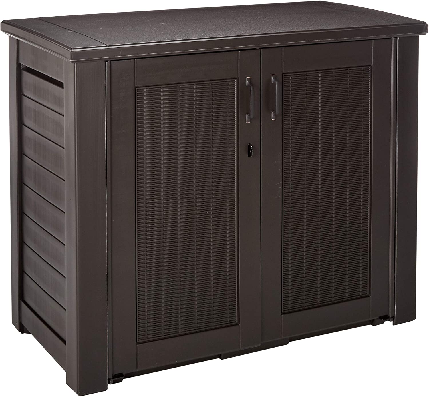 Rubbermaid Patio Chic Resin Weather Resistant Outdoor Storage Deck Box. 123 Gal.. Black Oak Rattan Wicker Basket Weave. for Garden/Backyard/Home/Pool