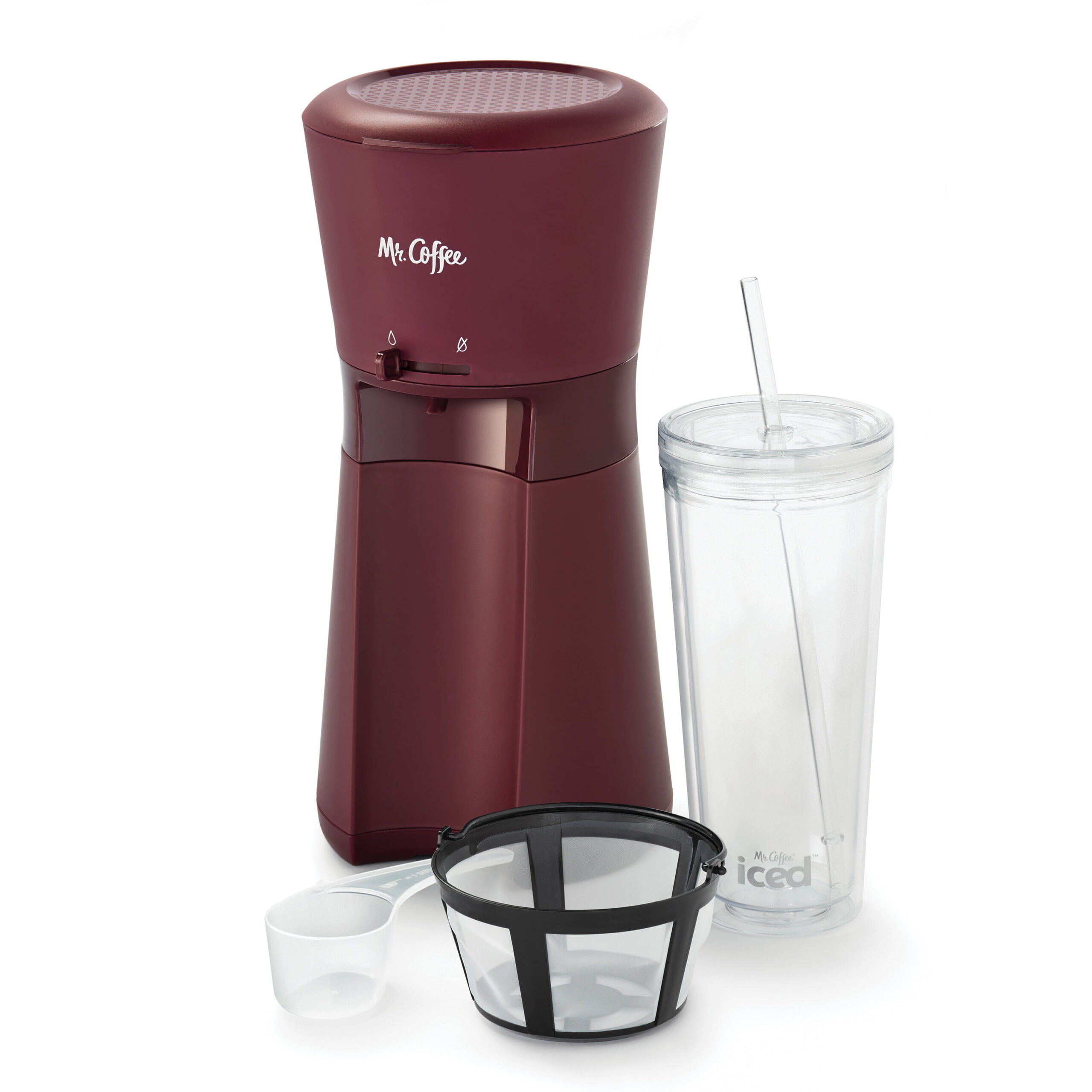 Mr. Coffee® Iced™ Coffee Maker with Reusable Tumbler and Coffee Filter. Burgundy