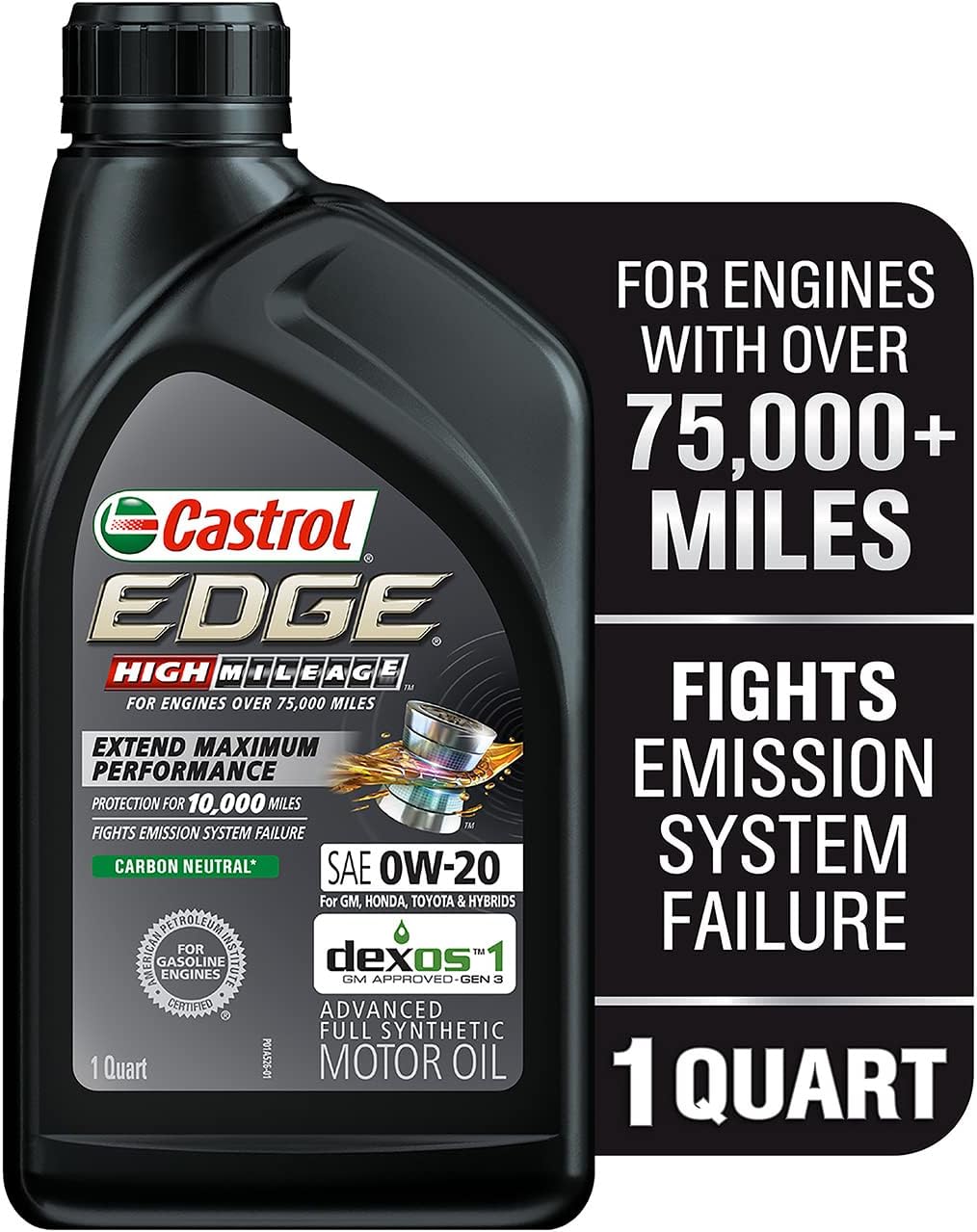 Castrol EDGE High Mileage 0W-20 Advanced Full Synthetic Motor Oil. 1 Quart. Pack of 6