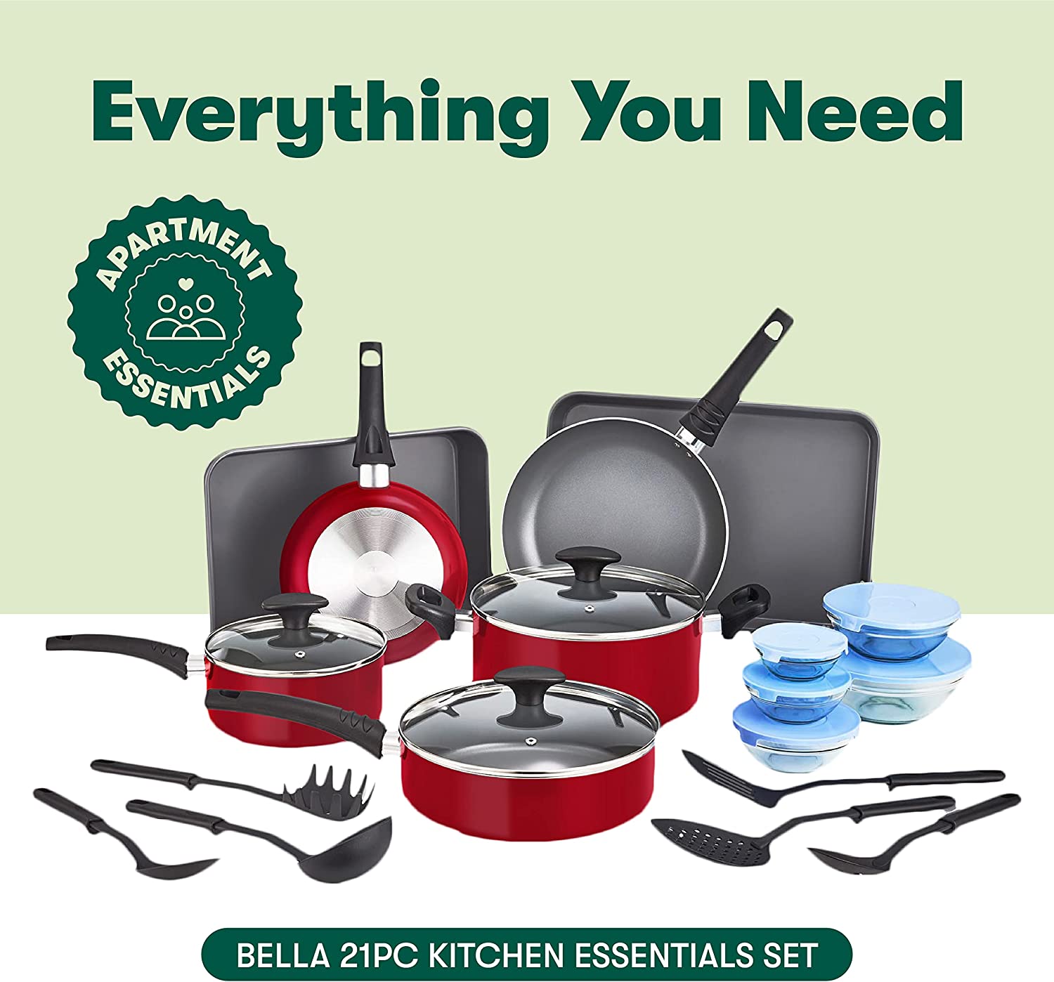 BELLA Nonstick Cookware Set with Glass Lids - Aluminum Bakeware. Pots and Pans. Storage Bowls & Utensils. Compatible with All Stovetops. 21 Piece. Red