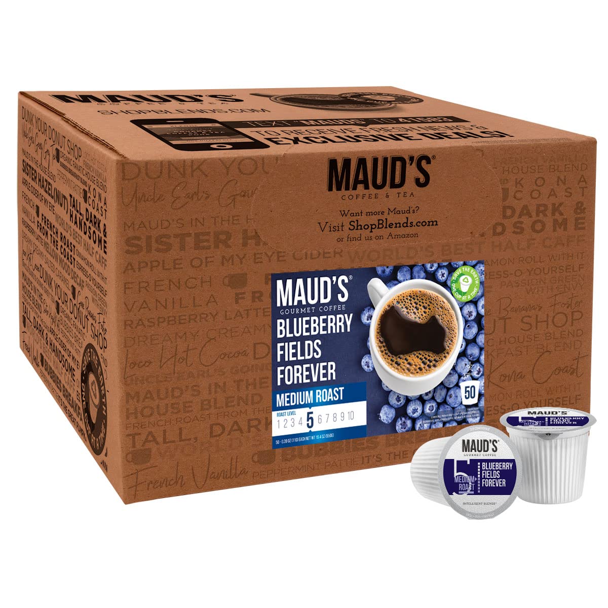 Maud-s Blueberry Coffee (Blueberry Fields Forever). 50ct. Solar Energy Produced Recyclable Single Serve Flavored Blueberry Coffee Pods – 100% Arabica Coffee California Roasted. KCup Compatible