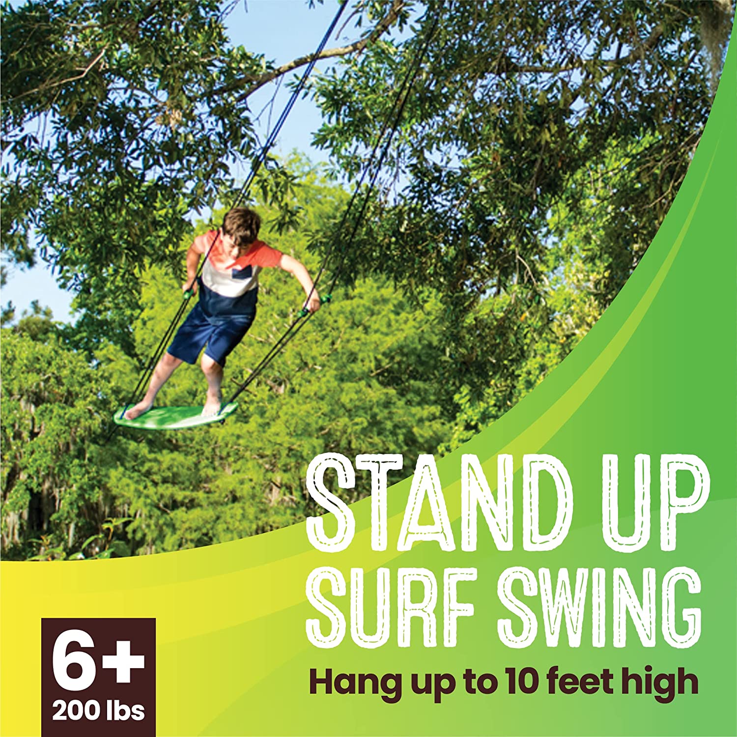 Swurfer Kick Stand Up Surfing Tree Swing Outdoor Swings for Kids Up to 150 Lbs - Hang from Up to 10 Feet High - Includes 24″ SwingBoard. UV Resistant Rope. Handles