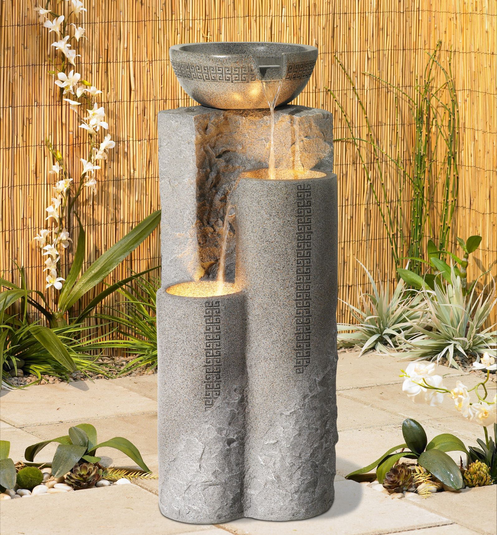 John Timberland Outdoor Floor Water Fountain 34 1/2″ High Cascading Marble Finish Bowls LED for Garden Yard