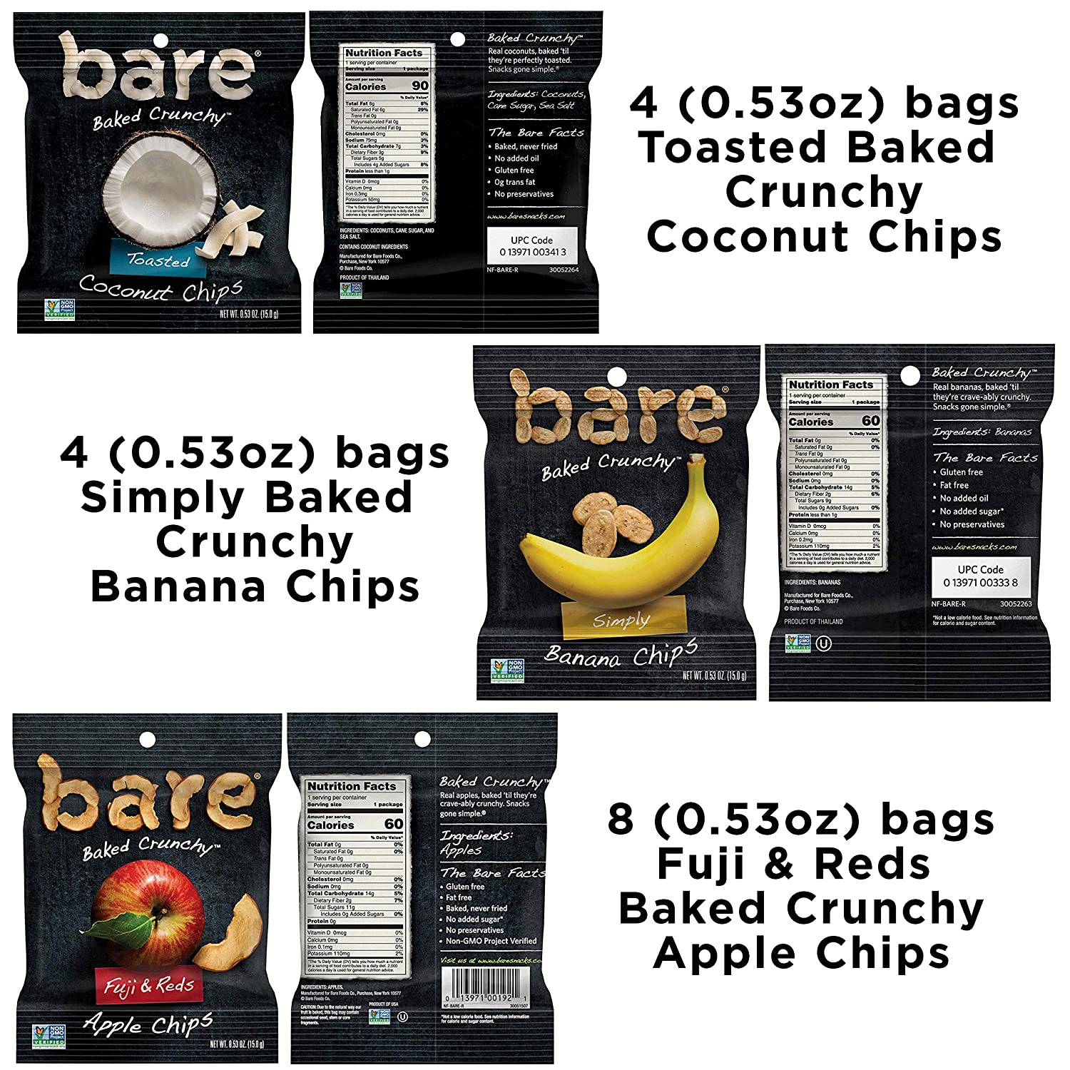 Bare Baked Crunchy Fruit Snack Pack. Gluten Free. Apples. Bananas. and Coconut Flavors. 0.53oz (16 Count)
