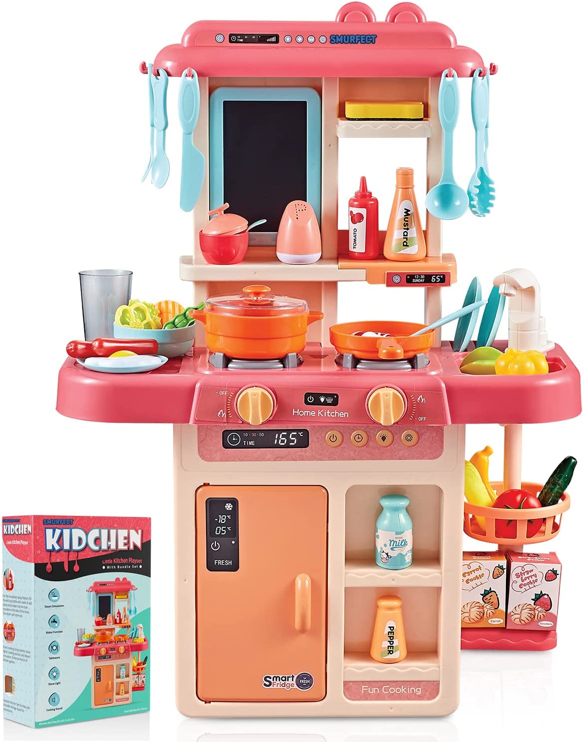 Surefect - Kitchen Play Set with Accessories- Mini Kitchen Set with Realistic Light Sound Steam Simulation- Indoor Games Kitchen Cooking Playset with Water Outlet- Toys for Toddlers Children & Girls