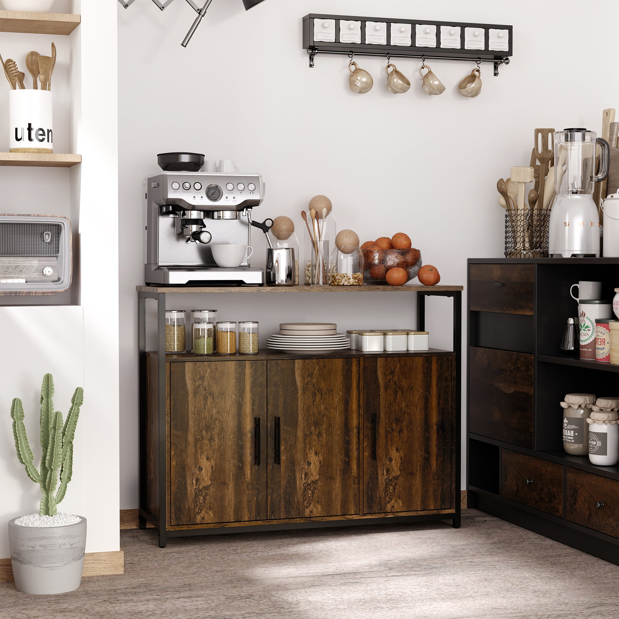 HOMCOM Industrial Kitchen Sideboard. Buffet Cabinet with Storage Open Compartment and Adjustable Shelves for Living Room. Bedroom. Hallway. Rustic Brown