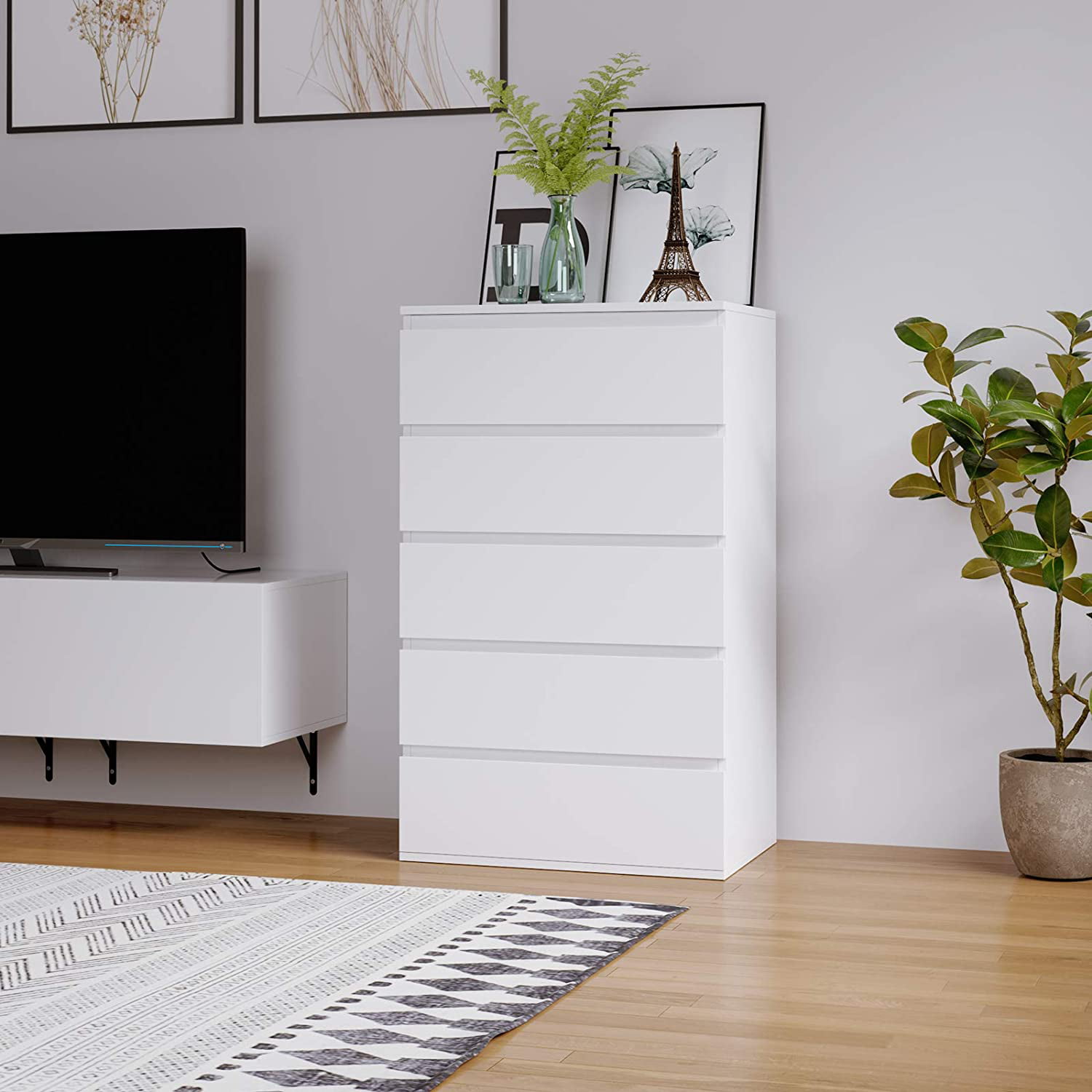 Homfa 5 Drawer White Dresser. Modern Storage Cabinet for Bedroom. White Chest of Drawers Wood Organizer for Living Room