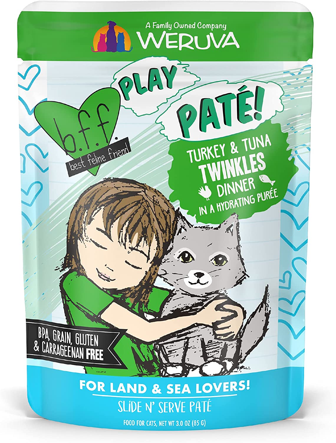 Weruva Wet Cat Food B.F.F. Play - Best Feline Friend Paté Lovers. Aw Yeah!. Turkey & Tuna Twinkles with Turkey & Tuna. 3oz Pouch (Pack of 12)
