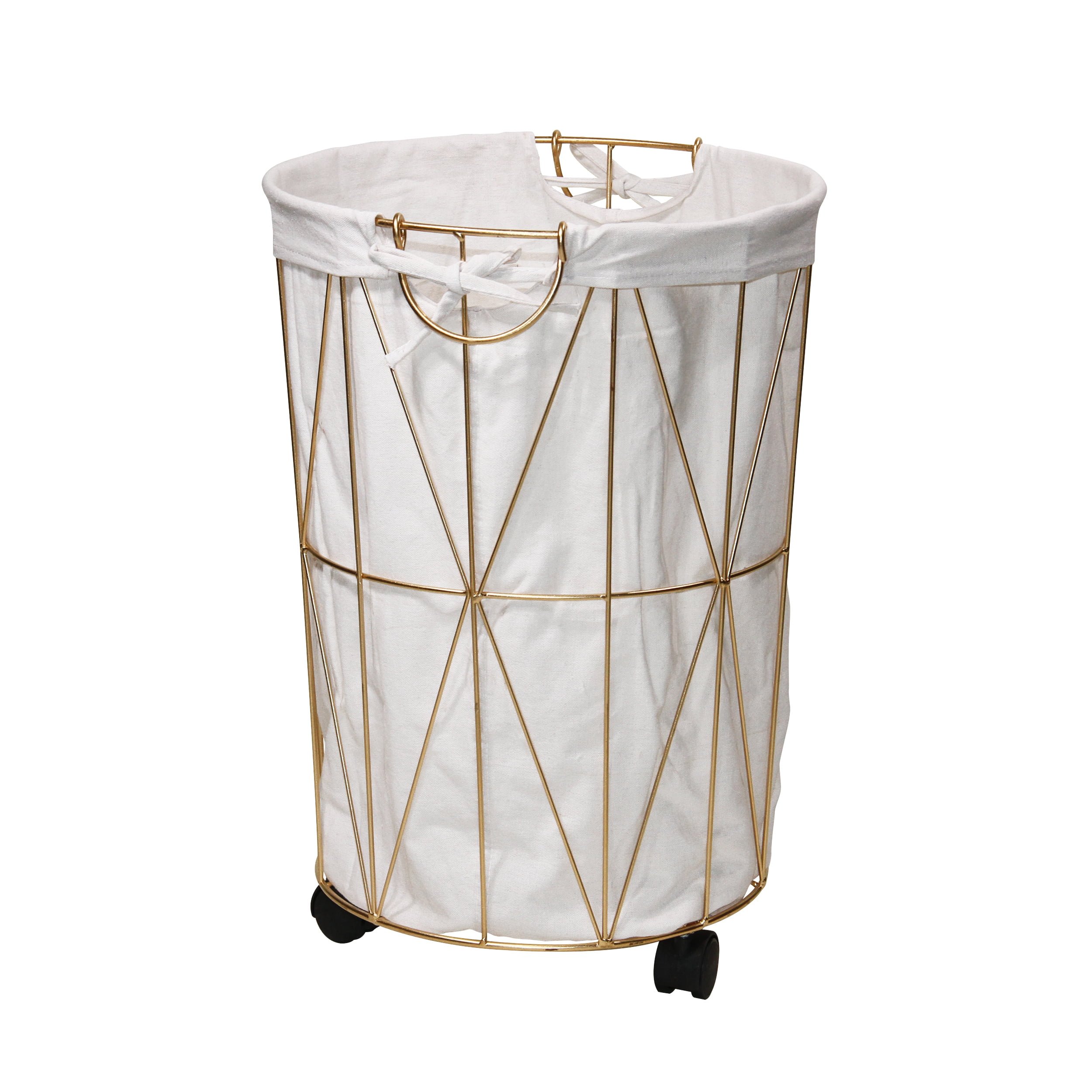 Mainstays Cylinder Symmetrical Pattern Metal Laundry Hamper with Wheels. Gold and Natural
