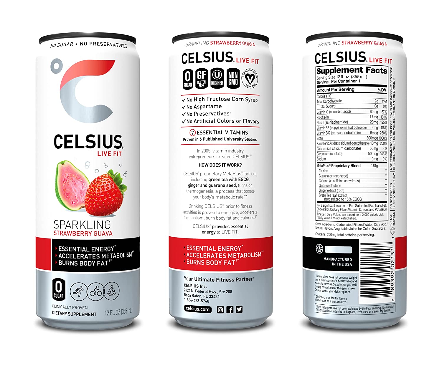 CELSIUS Essential Energy Drink 12 Fl Oz. Zero Sugar. Sparkling Strawberry Guava (Pack of 12)