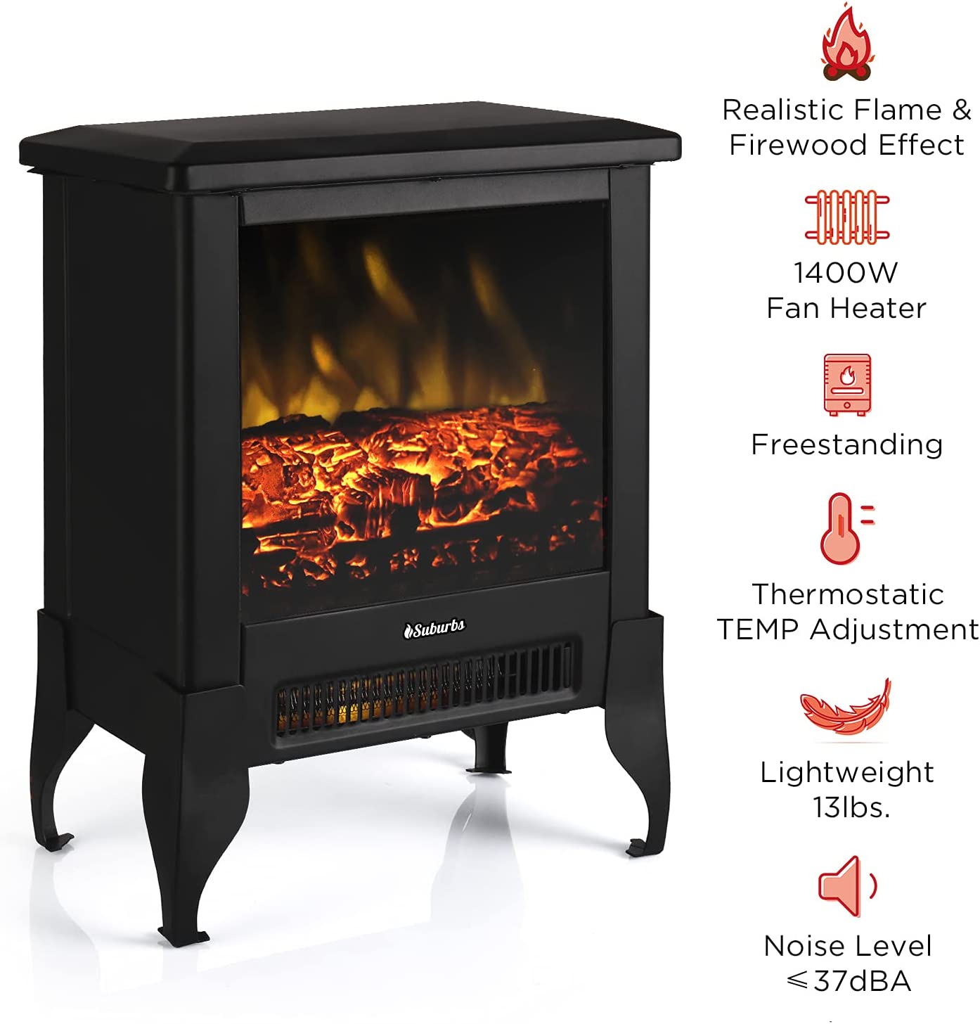 TURBRO Suburbs TS17 Compact Electric Fireplace Stove. 18 Freestanding Stove Heater with Realistic Flame - CSA Certified - Overheating Safety Protection - for Small Spaces - 1400W